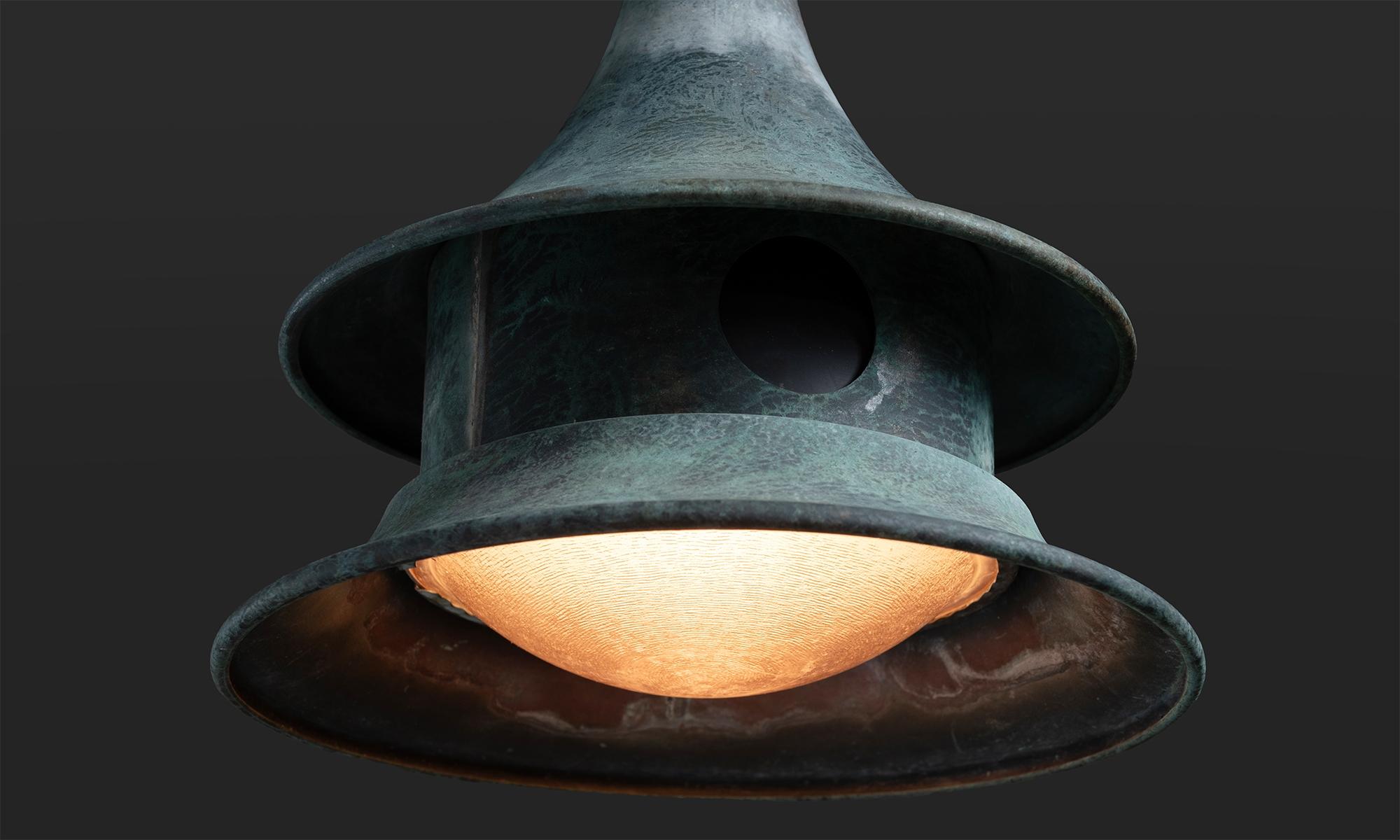 America circa 1950
Composed of copper, with patina and ribbed glass shades.
9.25”dia x 10.5”h
Ref. L4894
$ 2,800
