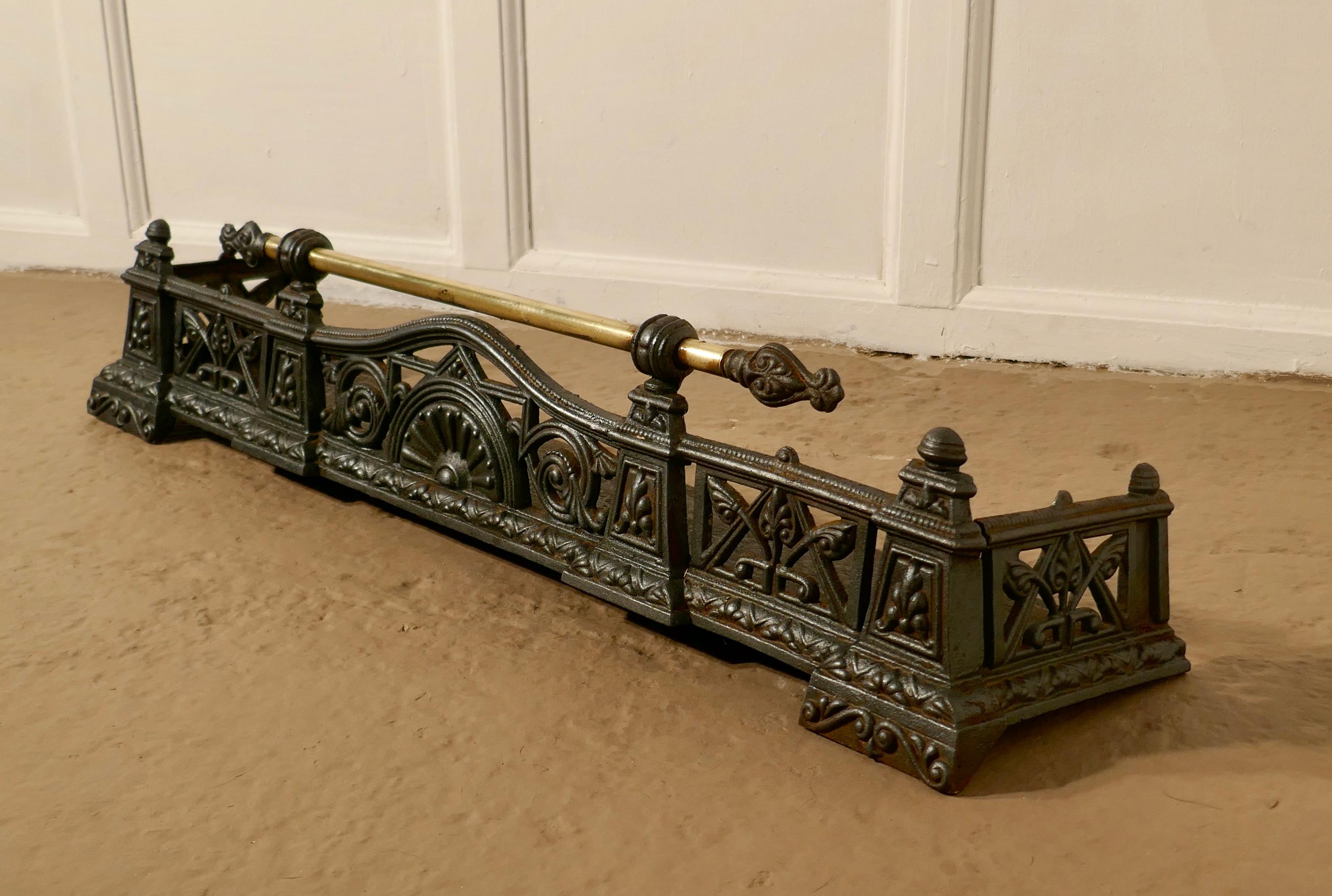 Art Nouveau Small Victorian Cast Iron and Brass Fender or Dog Grate