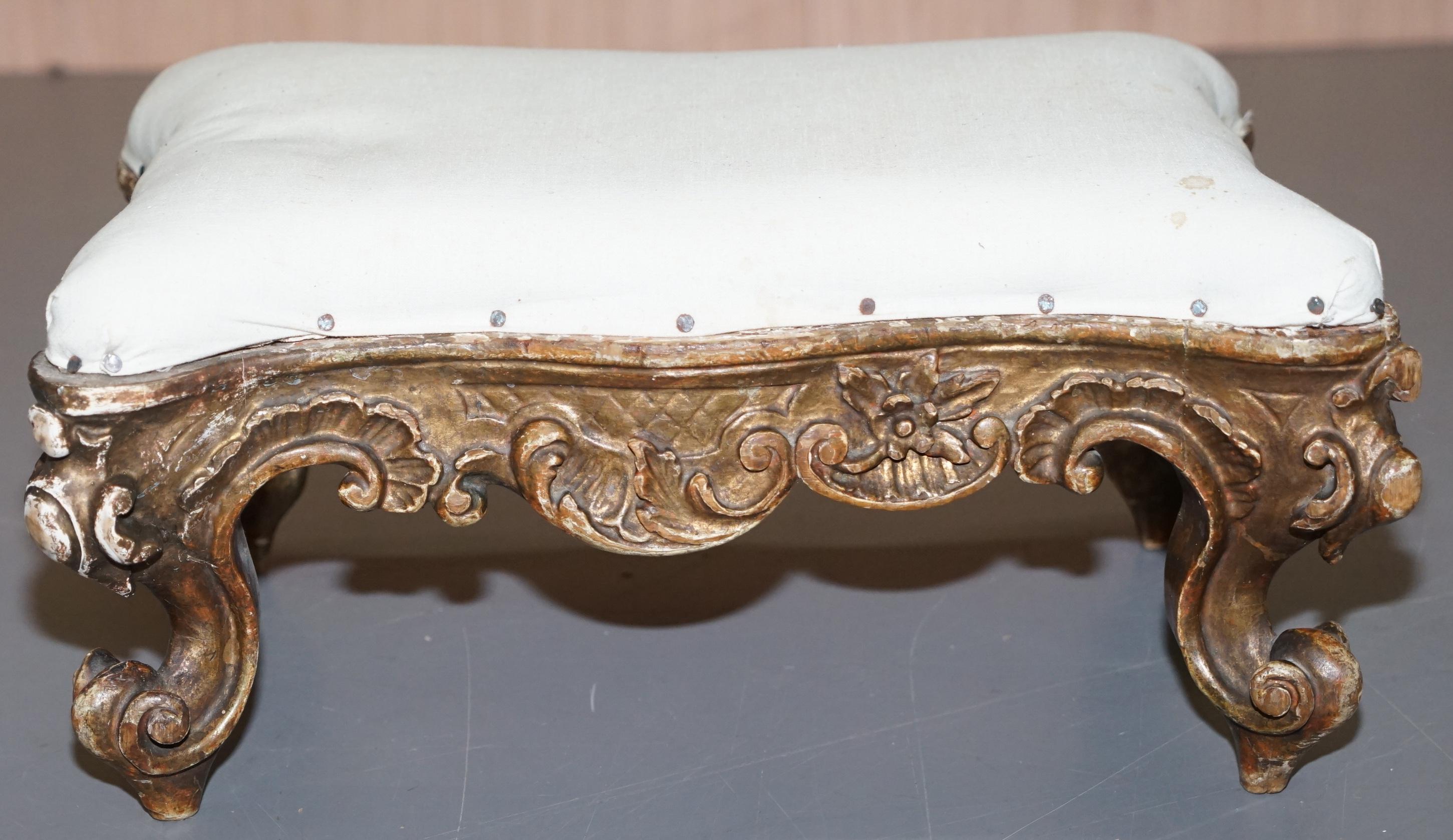 Small Victorian Hand Carved Walnut Giltwood Footstool Ready for Upholstery 5