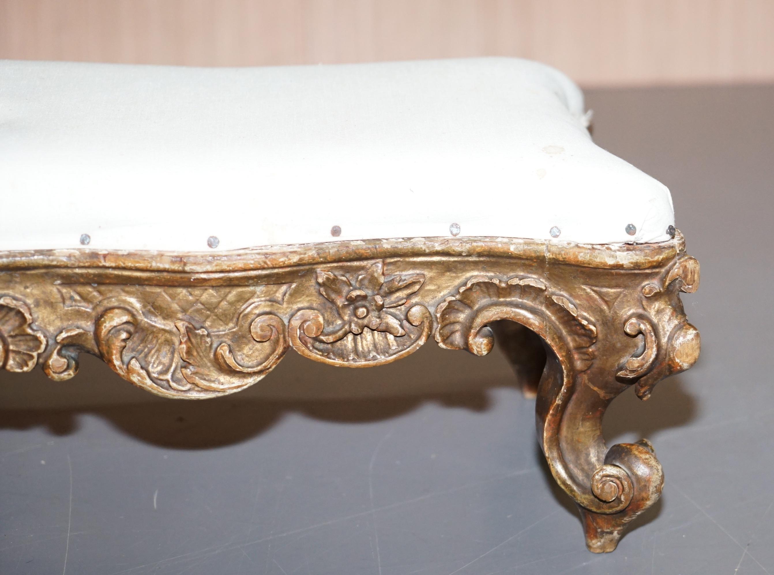 Small Victorian Hand Carved Walnut Giltwood Footstool Ready for Upholstery 6
