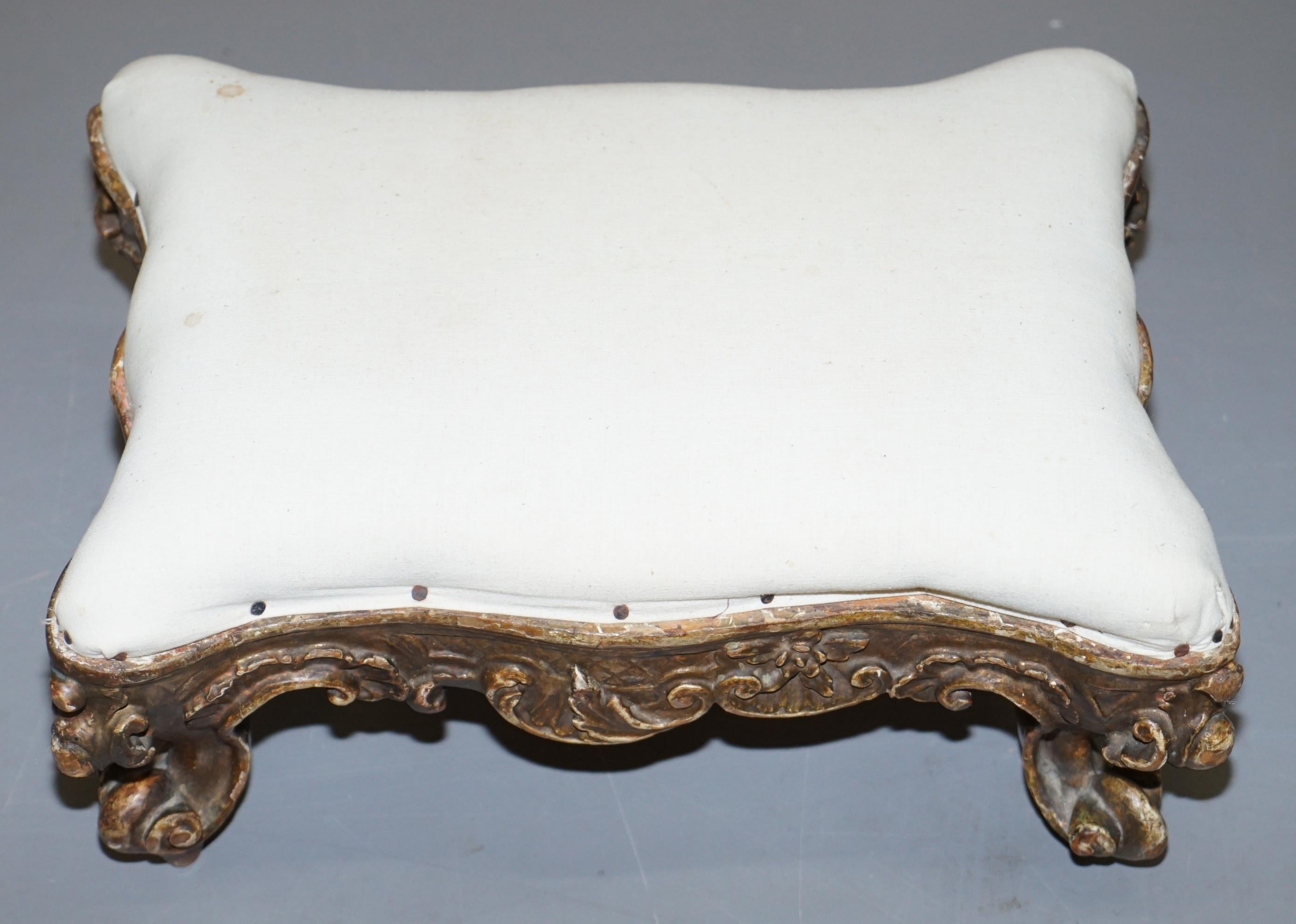 English Small Victorian Hand Carved Walnut Giltwood Footstool Ready for Upholstery