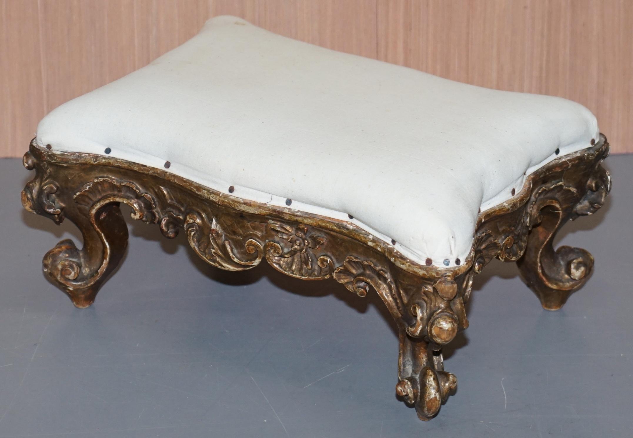 Hand-Crafted Small Victorian Hand Carved Walnut Giltwood Footstool Ready for Upholstery