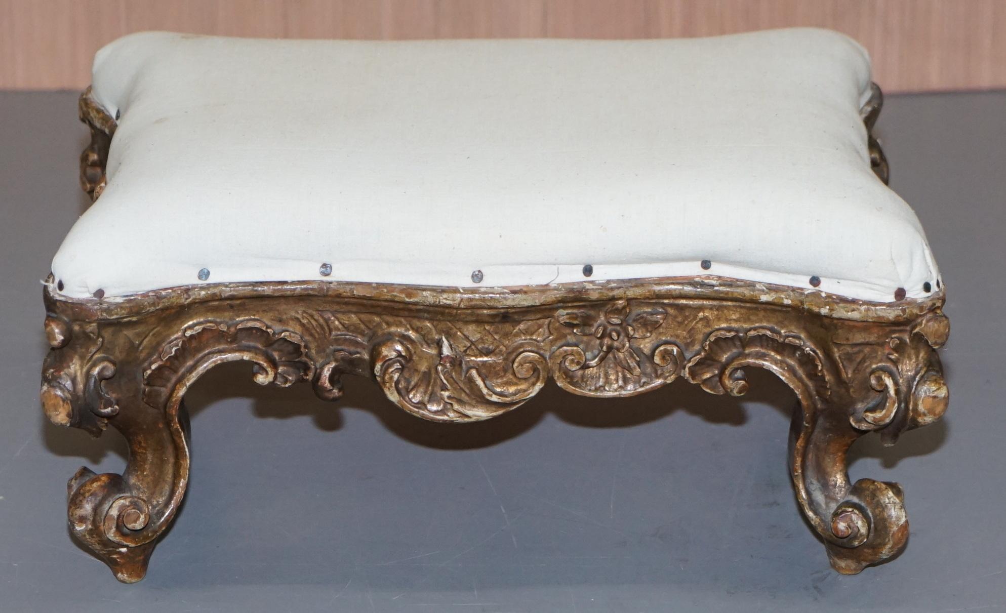 Small Victorian Hand Carved Walnut Giltwood Footstool Ready for Upholstery 1