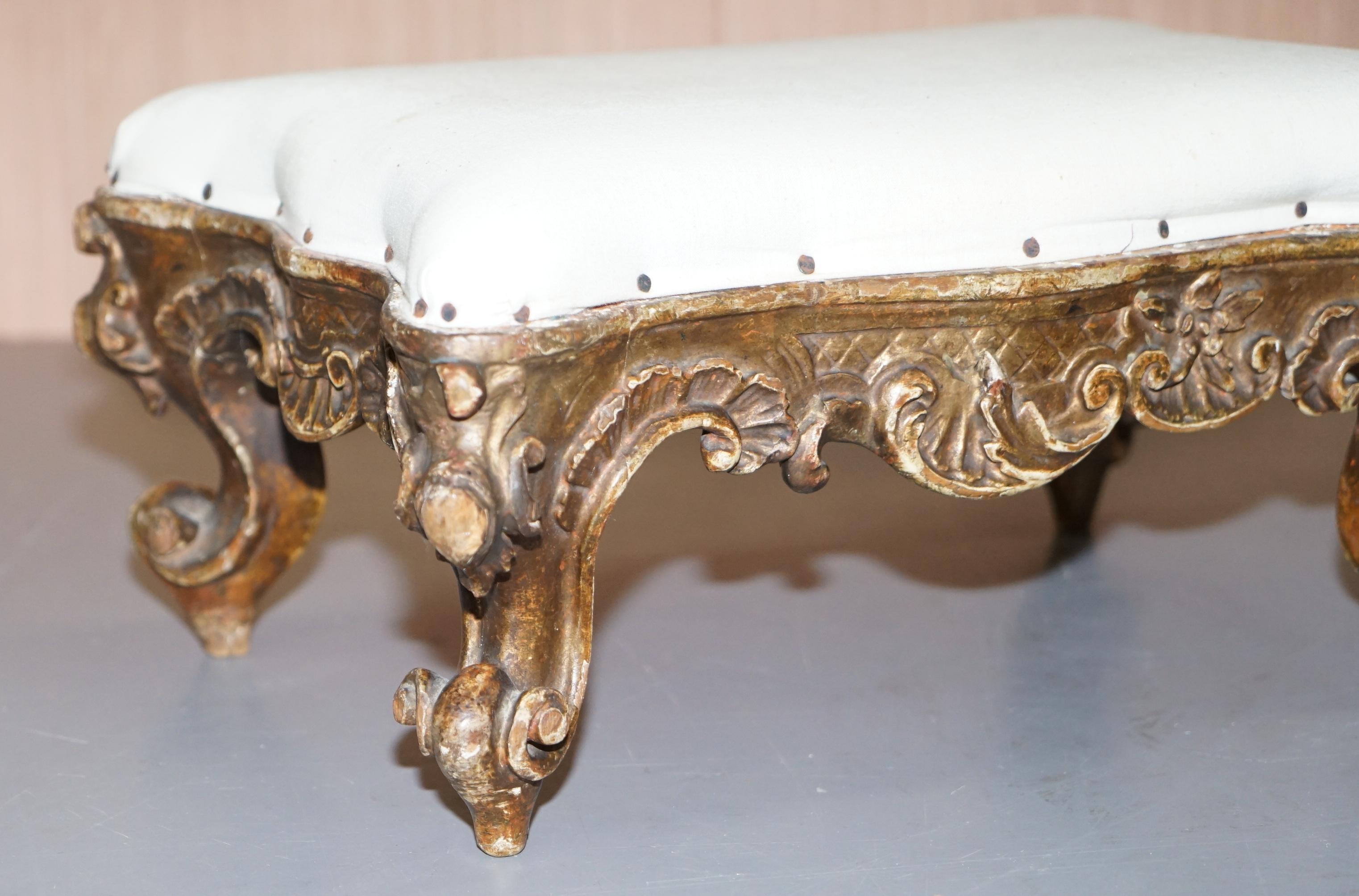 Small Victorian Hand Carved Walnut Giltwood Footstool Ready for Upholstery 2