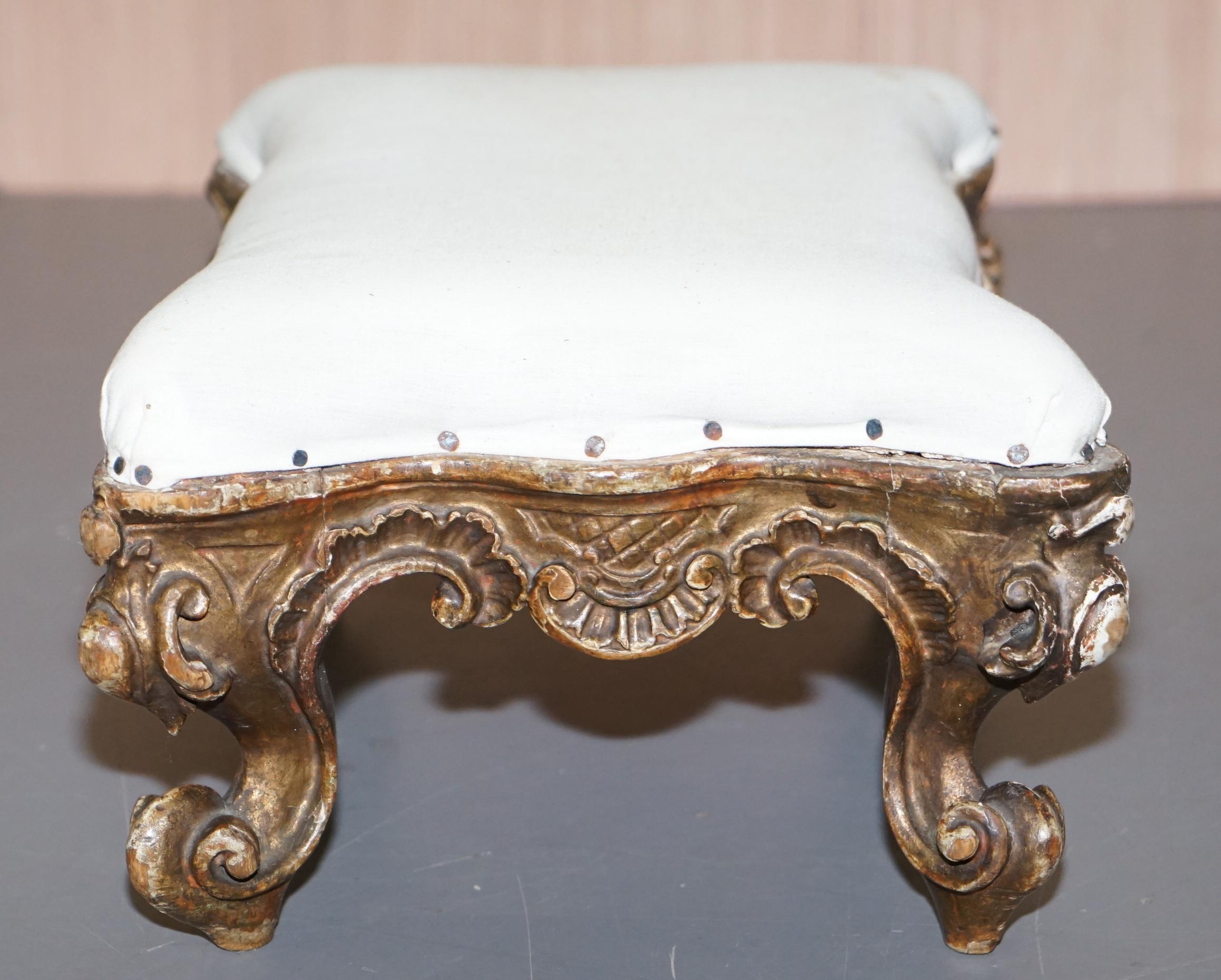 Small Victorian Hand Carved Walnut Giltwood Footstool Ready for Upholstery 4