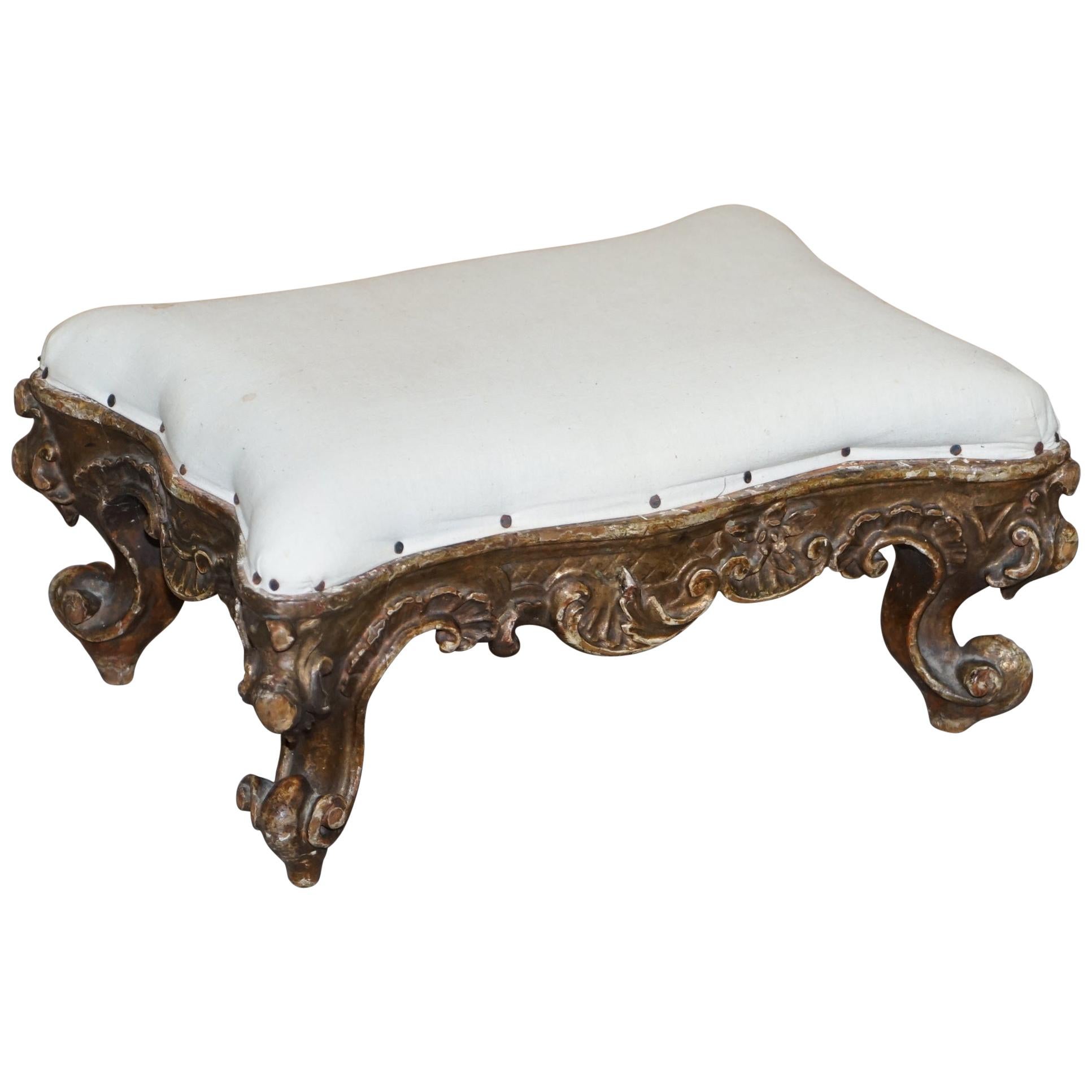 Small Victorian Hand Carved Walnut Giltwood Footstool Ready for Upholstery