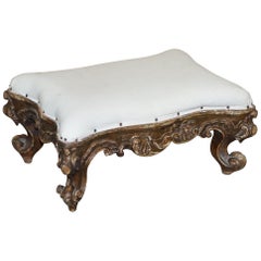 Small Victorian Hand Carved Walnut Giltwood Footstool Ready for Upholstery