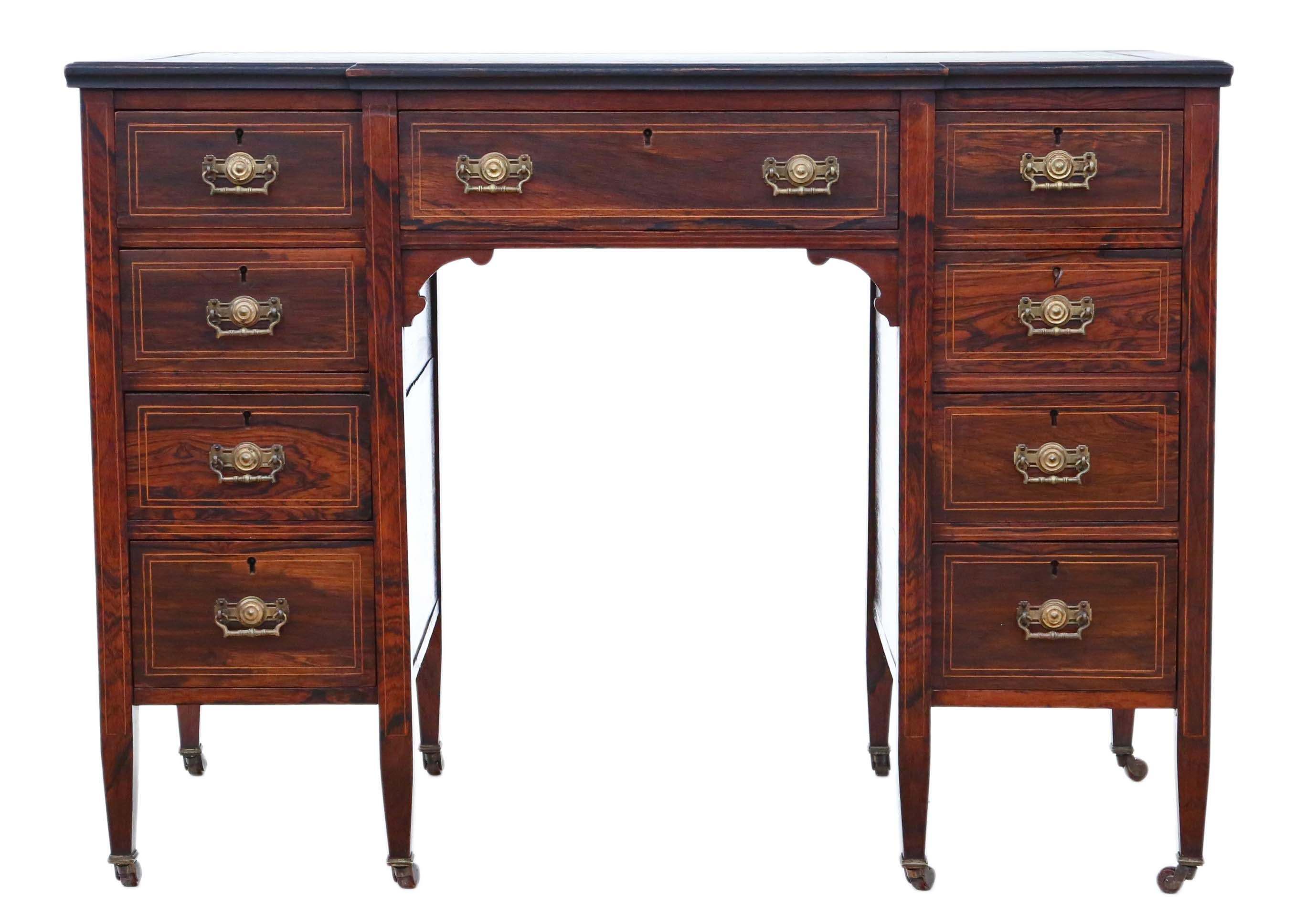 Antique fine quality small Victorian inlaid rosewood desk, writing or dressing table, circa 1880.
This is a lovely quality piece, that is full of age, charm and character. Patinated tooled leather top.
Solid with no loose joints... a very rare