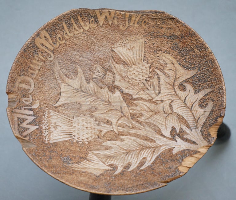 Small Victorian Rare Scottish Thistle Stool Carved Motto Wha Daur