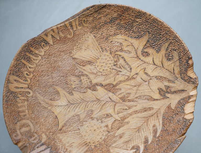 Small Victorian Rare Scottish Thistle Stool Carved Motto Wha Daur