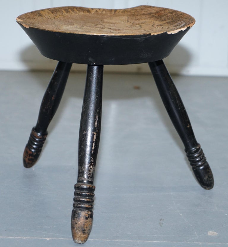 Small Victorian Rare Scottish Thistle Stool Carved Motto Wha Daur