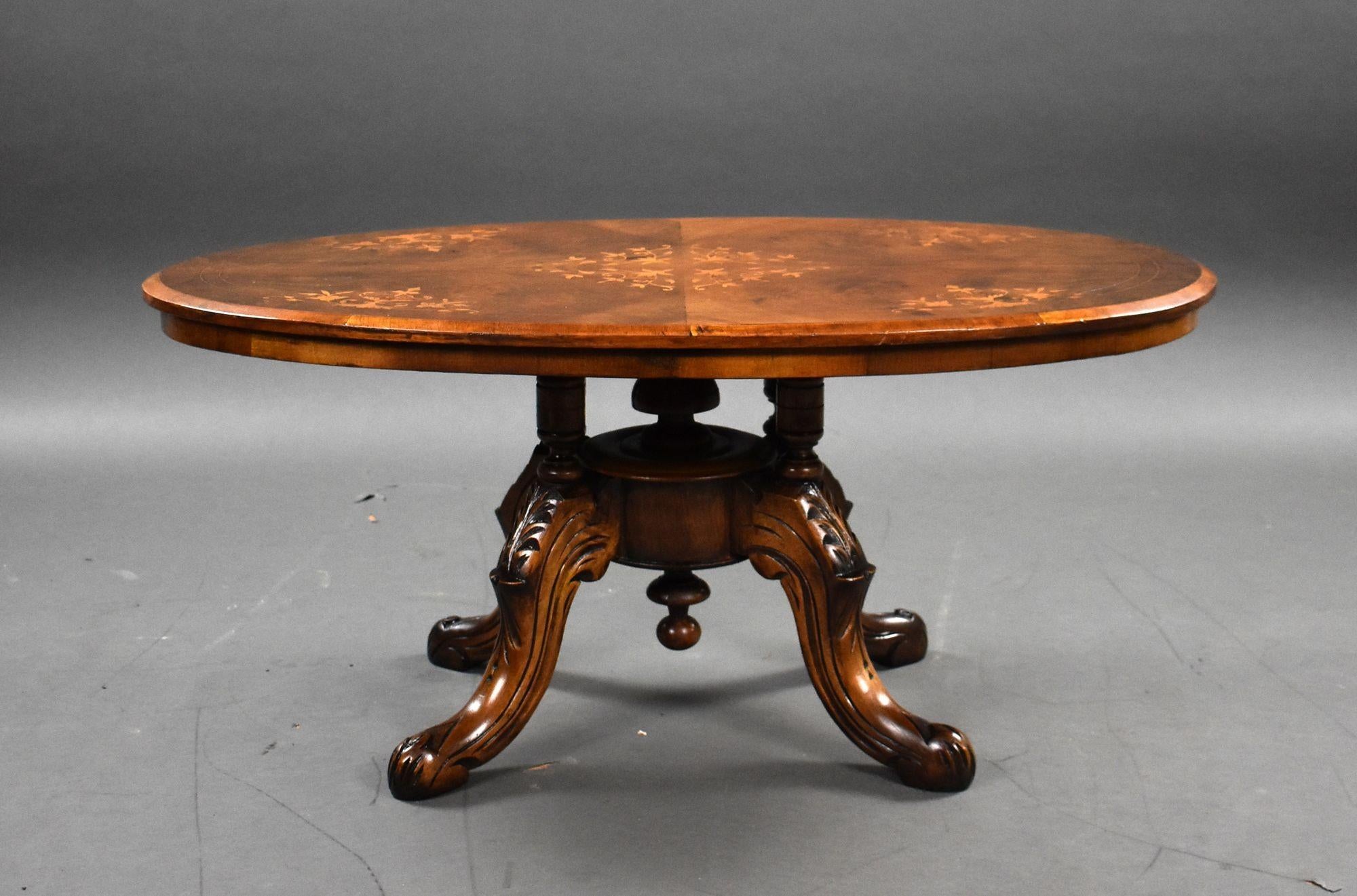 For sale is a good quality small Victorian walnut coffee table, the inlaid over top, above turned columns standing on carved legs, the table remains in very good condition, showing minor signs of wear commensurate with age and use.

Width: 91cm