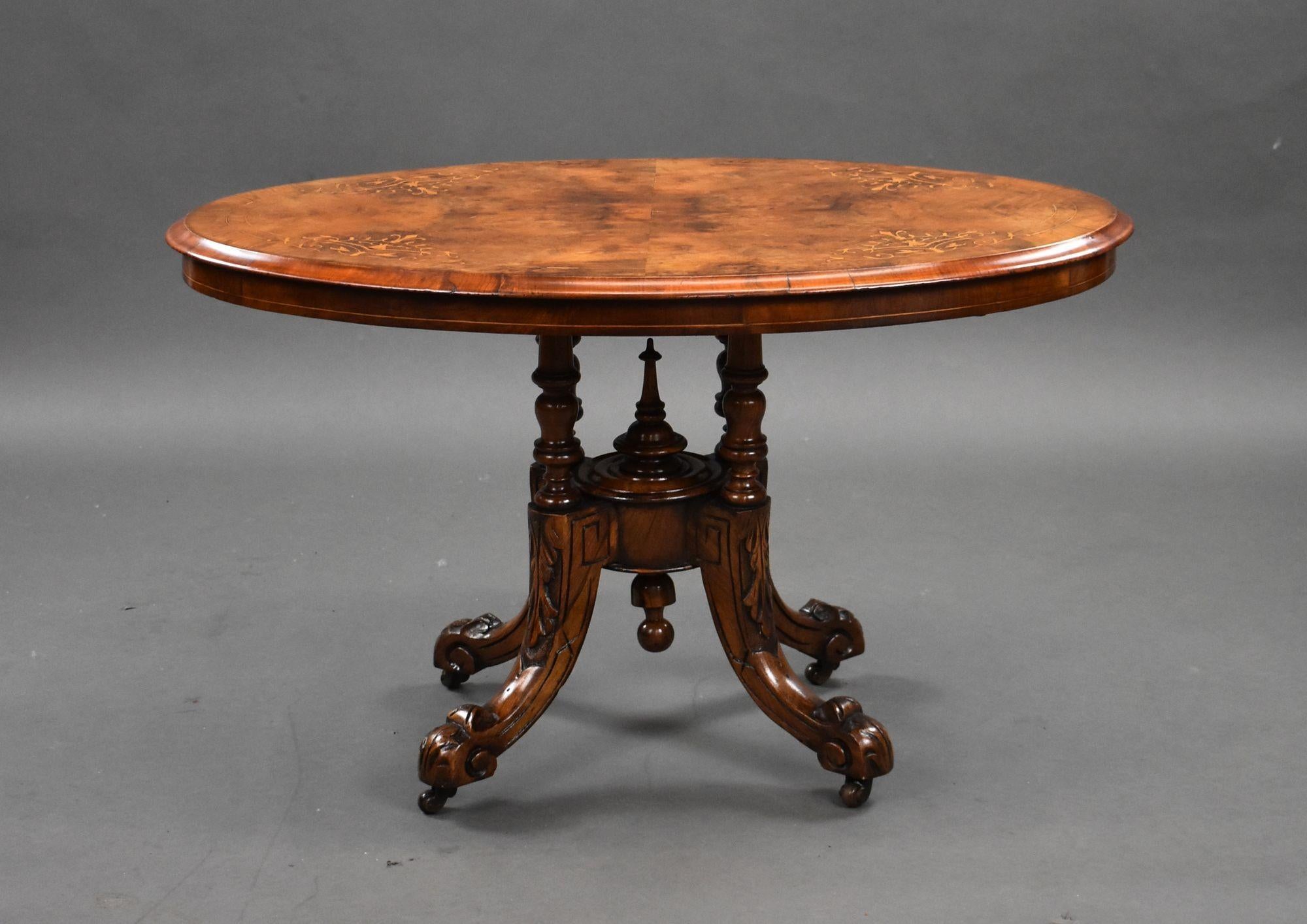 For sale is a Victorian figured walnut inlaid oval coffee table, having a strung and inlaid top, above four turned supports raised on carved feet, remaining in very good condition for its age.

Width: 91cm Depth: 55cm Height: 55cm