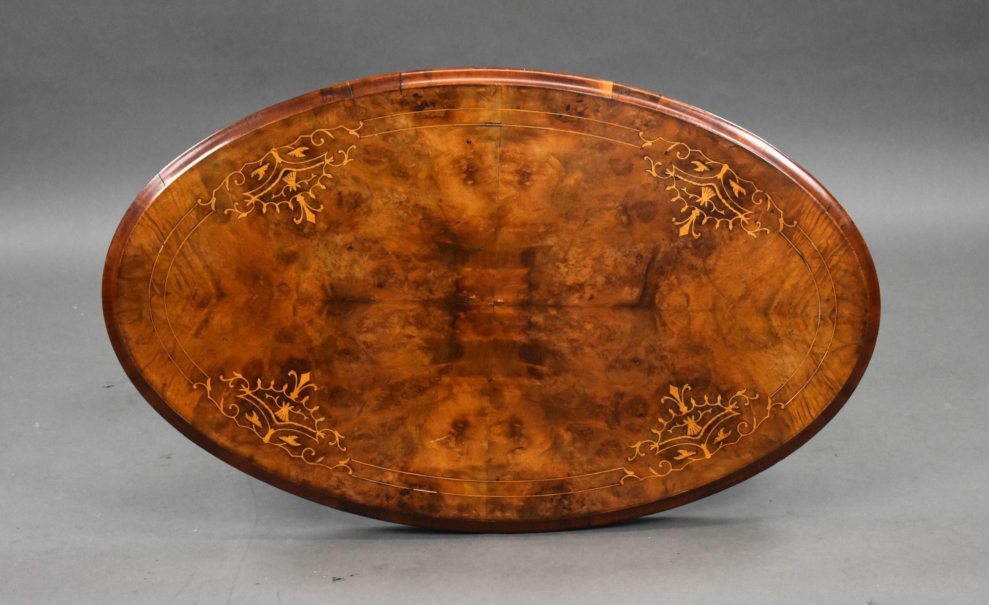 Small Victorian Walnut Inlaid Oval Coffee Table In Good Condition In Chelmsford, Essex