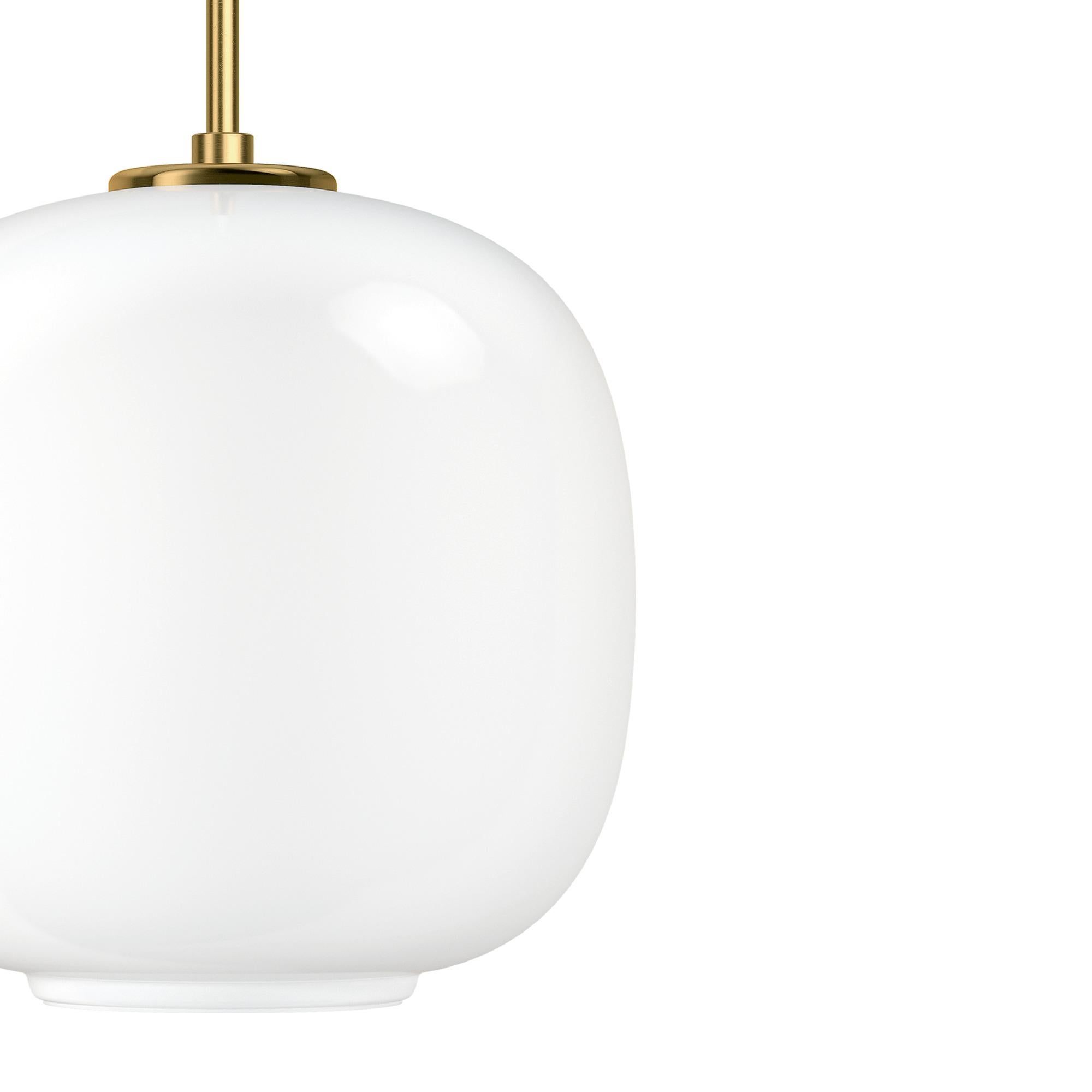 Small Vilhelm Lauritzen VL45 'Radiohouse' pendant for Louis Poulsen. Executed in thick hand blown glossy white opal glass, brushed brass pendant tube, white metal canopy and vinyl cord. Uses one standard e12 US candelabra bulb. This is the smallest