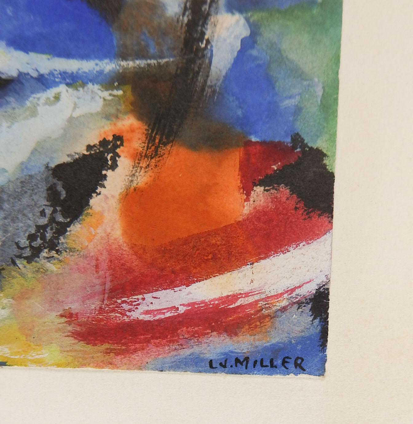 Small vintage 1930's gouache on paper abstract painting by Lewis J. Miller (1912-2007) New York/Florida. Signed and dated upper right corner. Unframed, mounted firmly on cardboard backing, image size 3