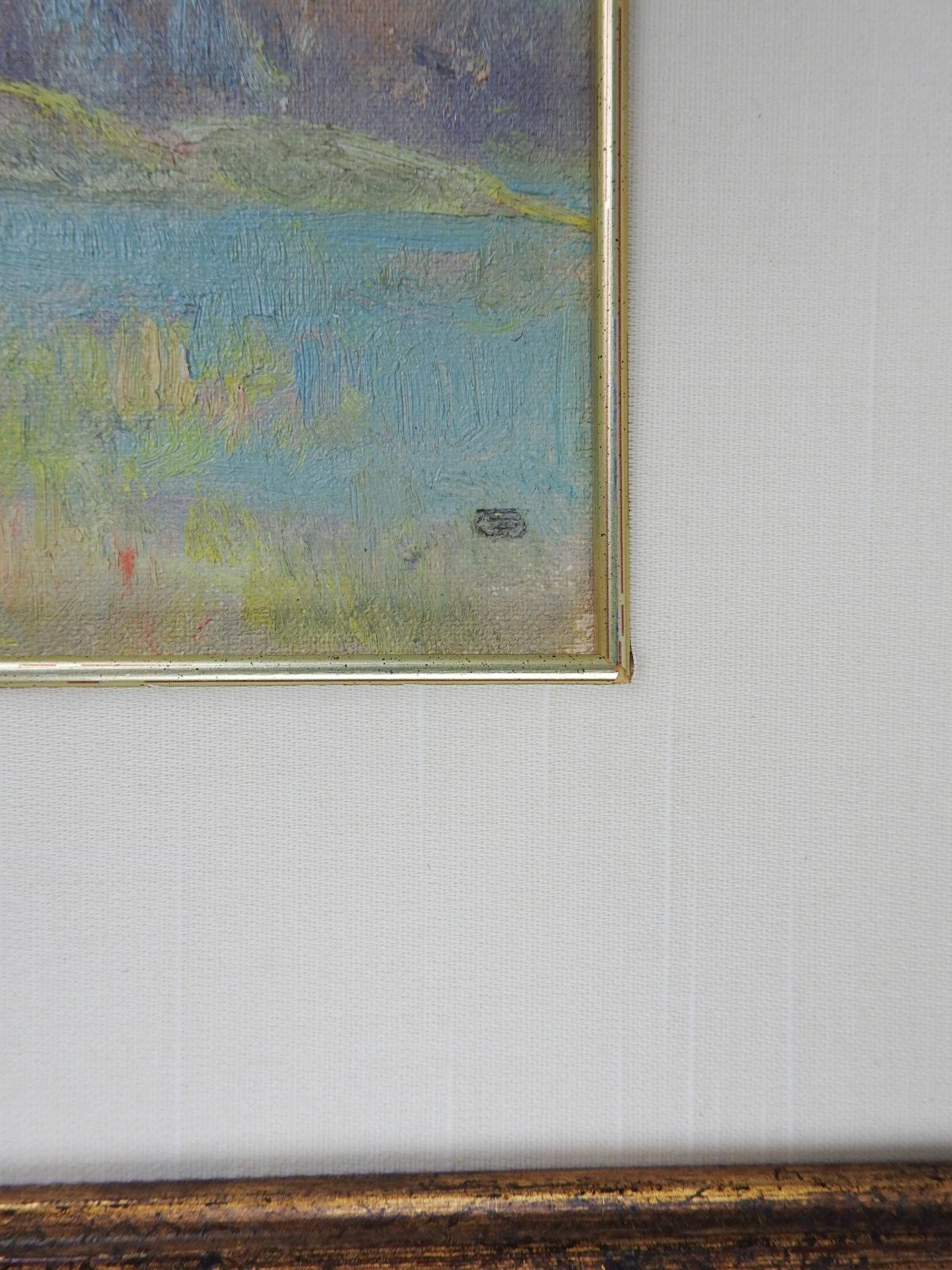 Vintage Dawson Dawson-Watson kleine Öl auf Leinwand Landschaft in rosa und blau.  Monogramm des Künstlers in der rechten unteren Ecke, Signatur und Datum mit Bleistift auf der Rückseite der Originalmatte.  Aufgeführt in der  Dawson-Watson Catalogue