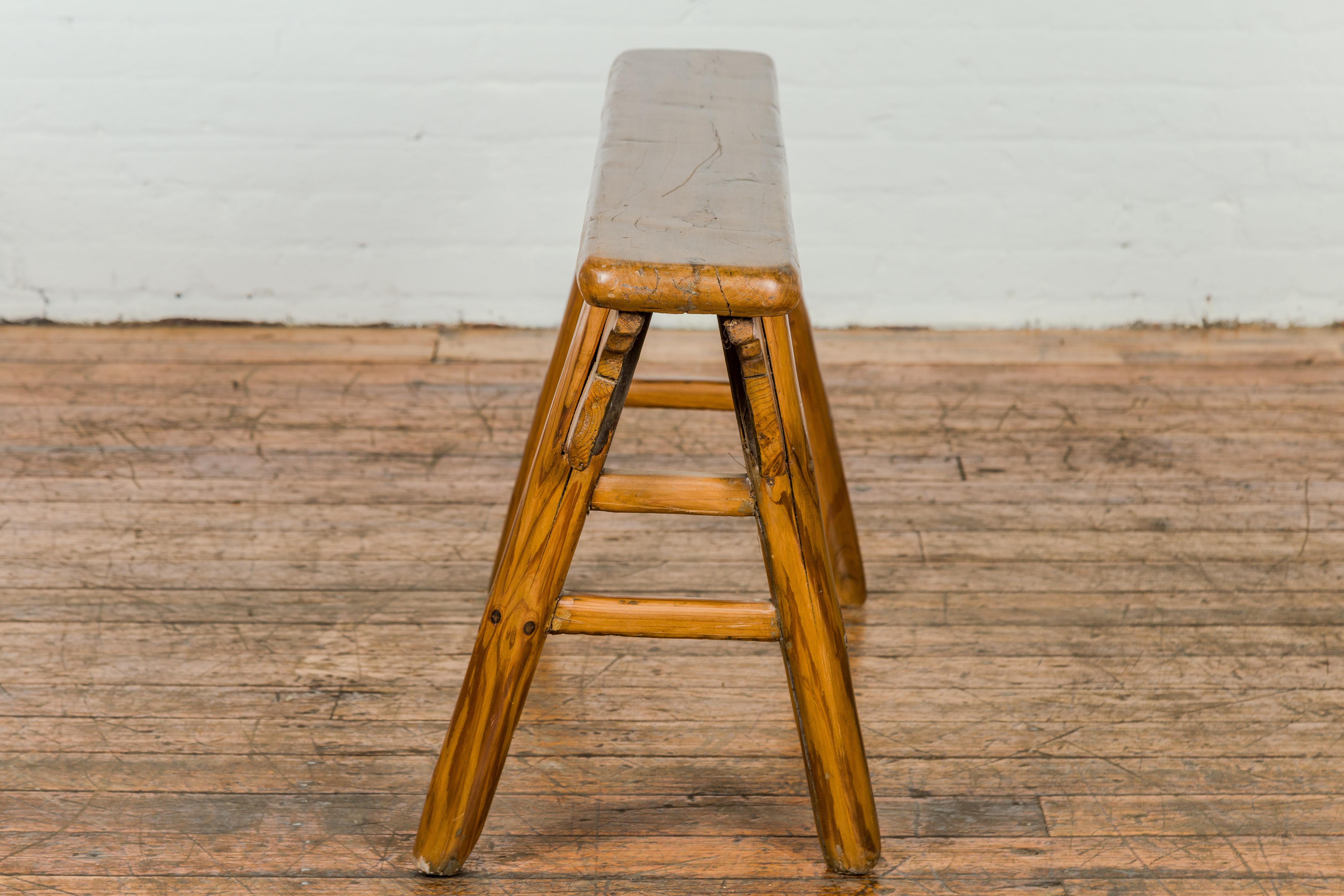 Small Vintage A-Frame Wooden Bench with Rustic Appearance and Splaying Legs For Sale 8