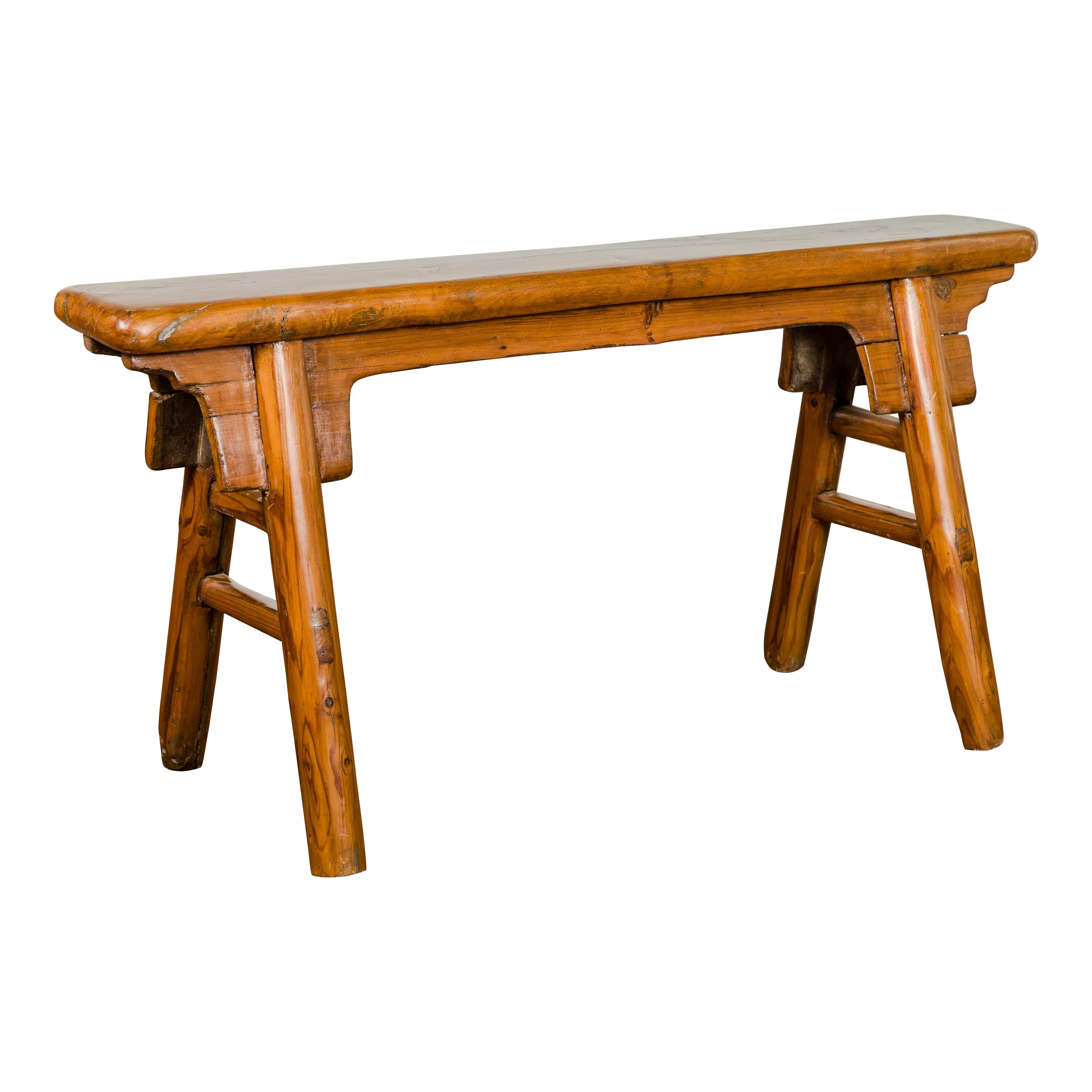 Small Vintage A-Frame Wooden Bench with Rustic Appearance and Splaying Legs For Sale 9