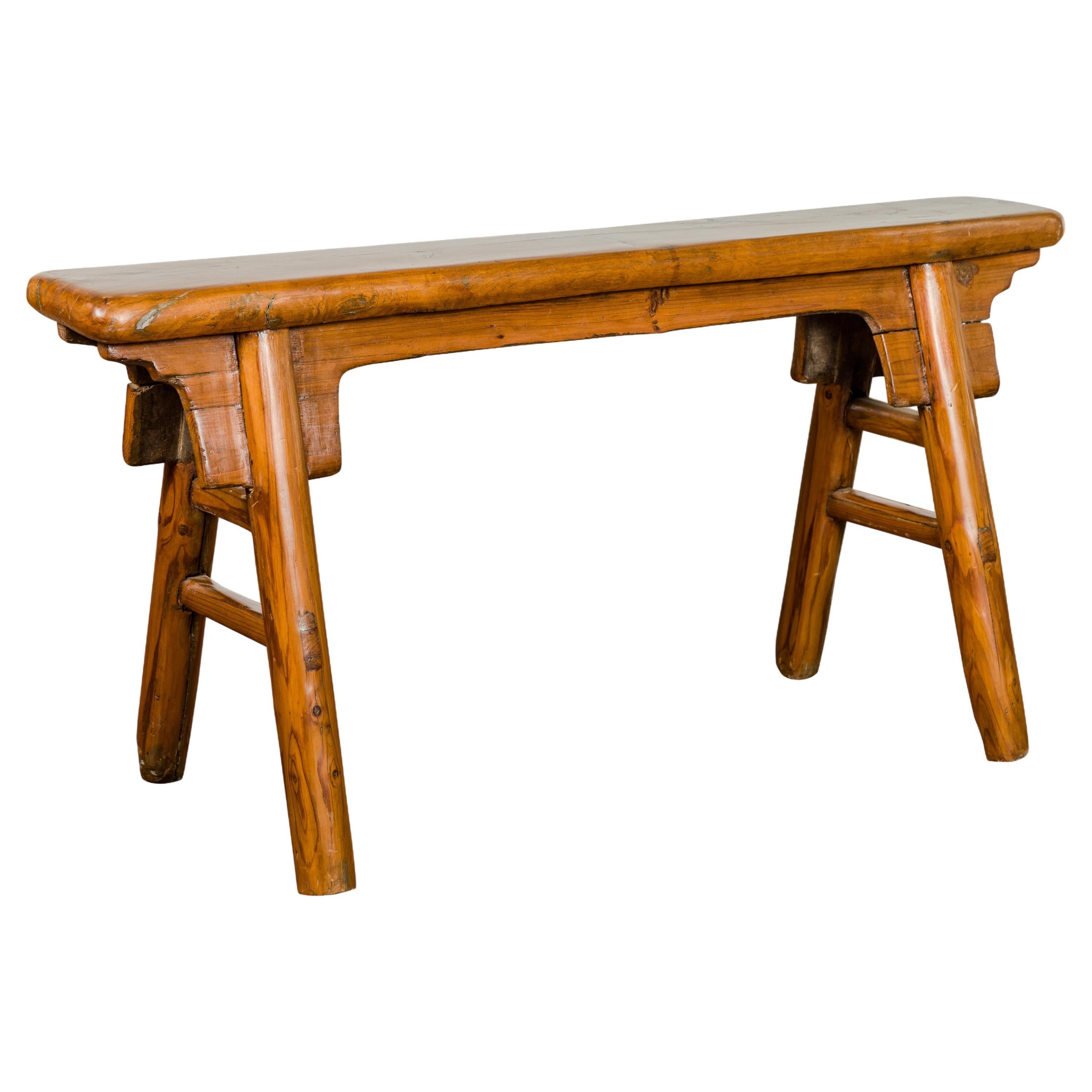 Small Vintage A-Frame Wooden Bench with Rustic Appearance and Splaying Legs For Sale