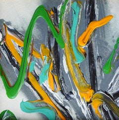 Small Vintage Abstract Green Yellow & Gray Painting