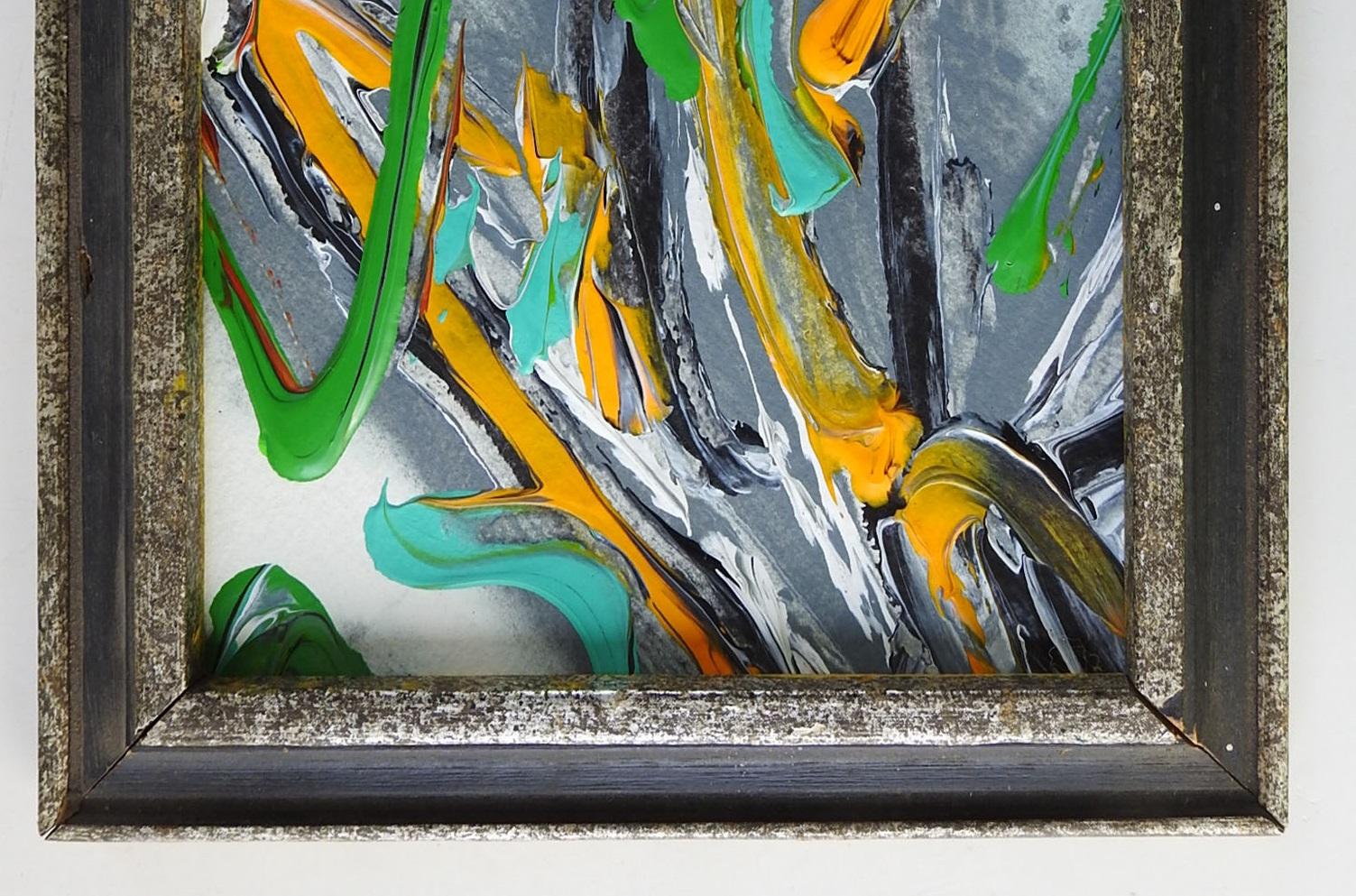 Nord-américain Petite peinture abstraite vintage abstraite vert, jaune et gris en vente