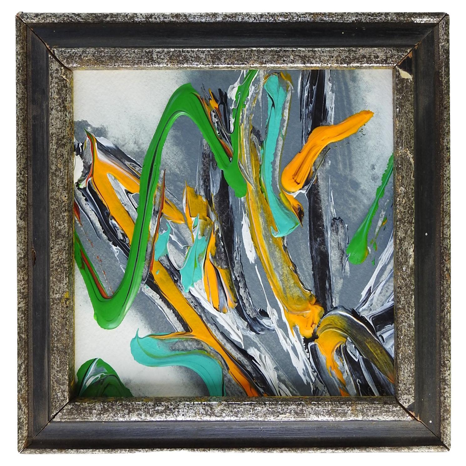 Petite peinture abstraite vintage abstraite vert, jaune et gris en vente
