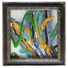 Small Retro Abstract Green Yellow & Gray Painting