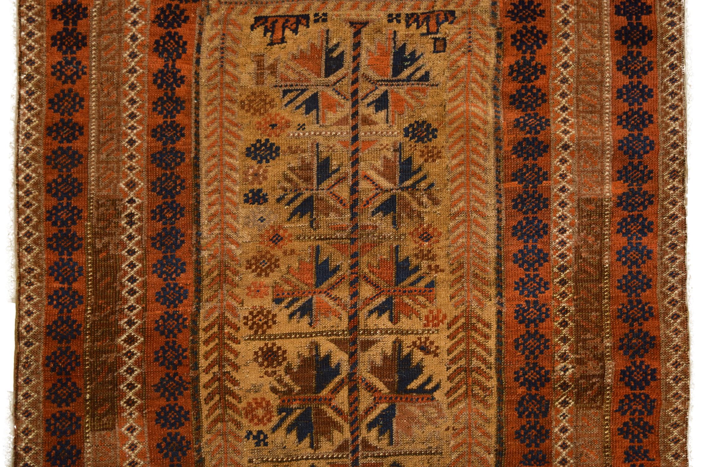 Measuring 2’5” x 3’5”, this small and modest antique Balouchi carpet was crafted circa 1870 and belongs to Orley Shabahang’s Antique collection. Using only neutral tones and blue, this rug utilizes a traditional Persian weave, resulting in a soft