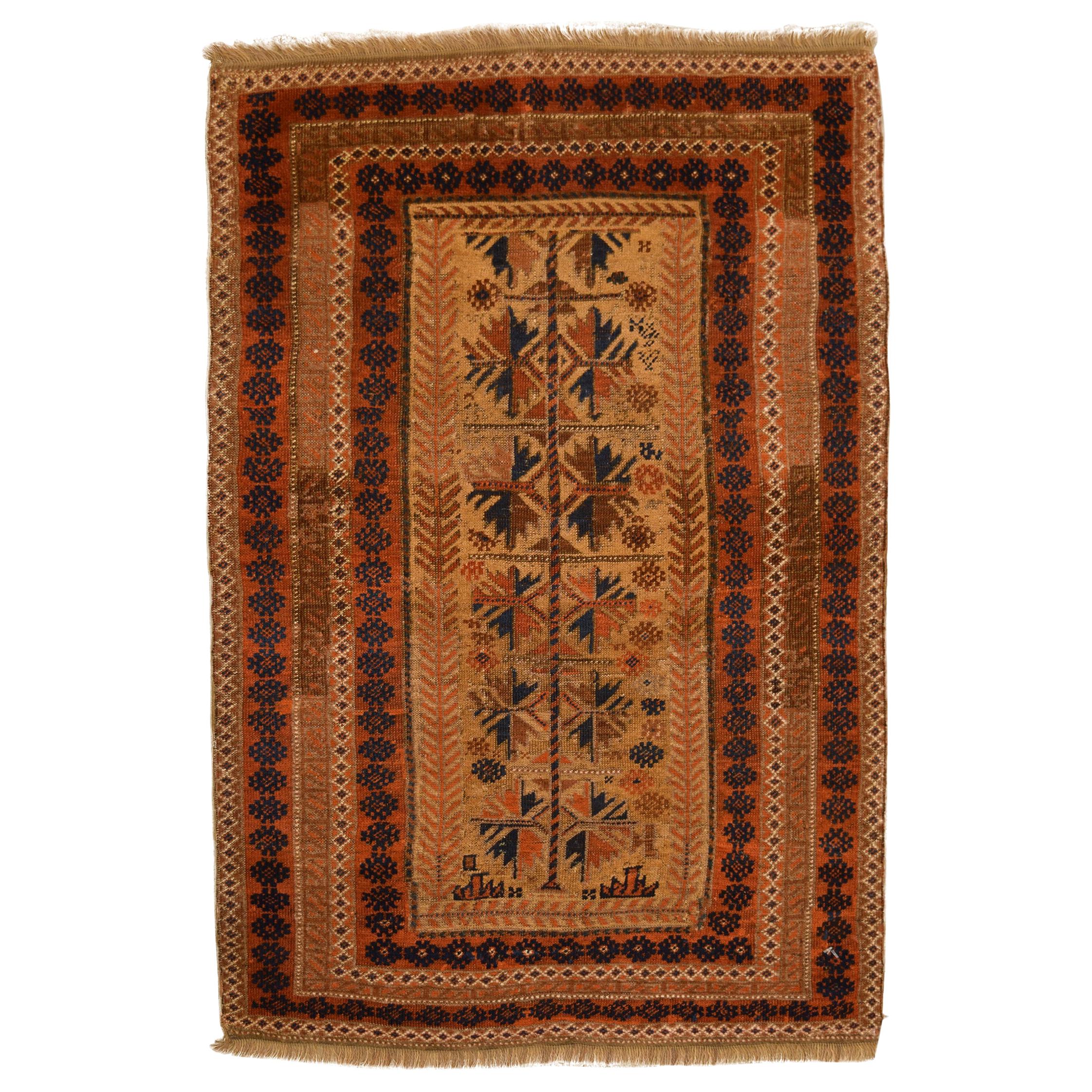 Antique 1870s Persian Balouchi Rug, Orange & Blue, 2x3