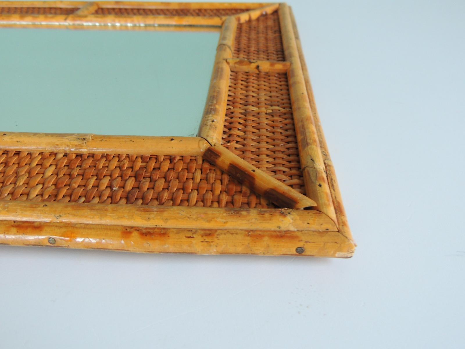 Hand-Carved Small Vintage Bamboo Wall Mirror