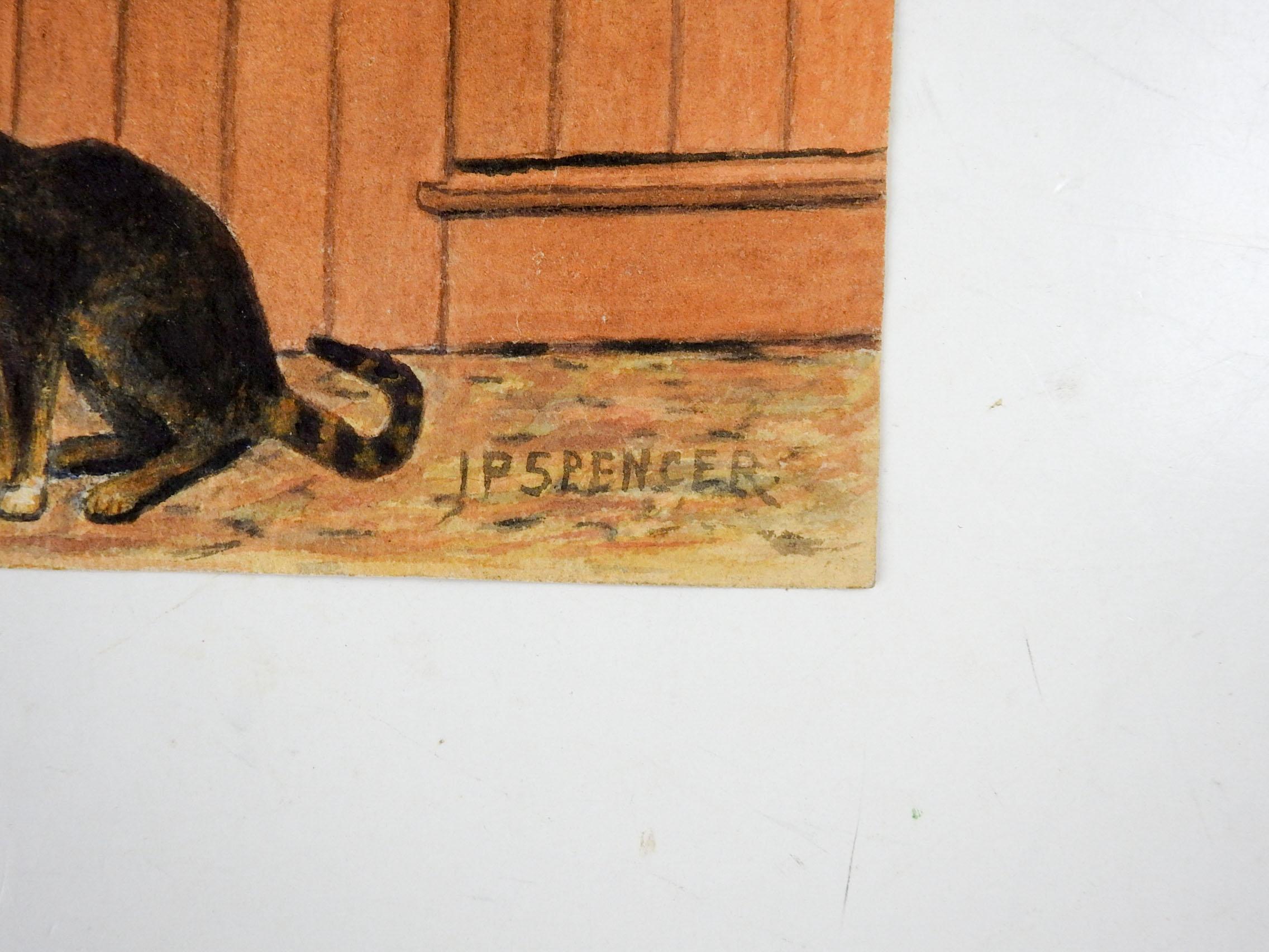 Vintage watercolor on paper painting of a pair of barn cats. Signed Spencer lower right corner. Unframed, age toning.