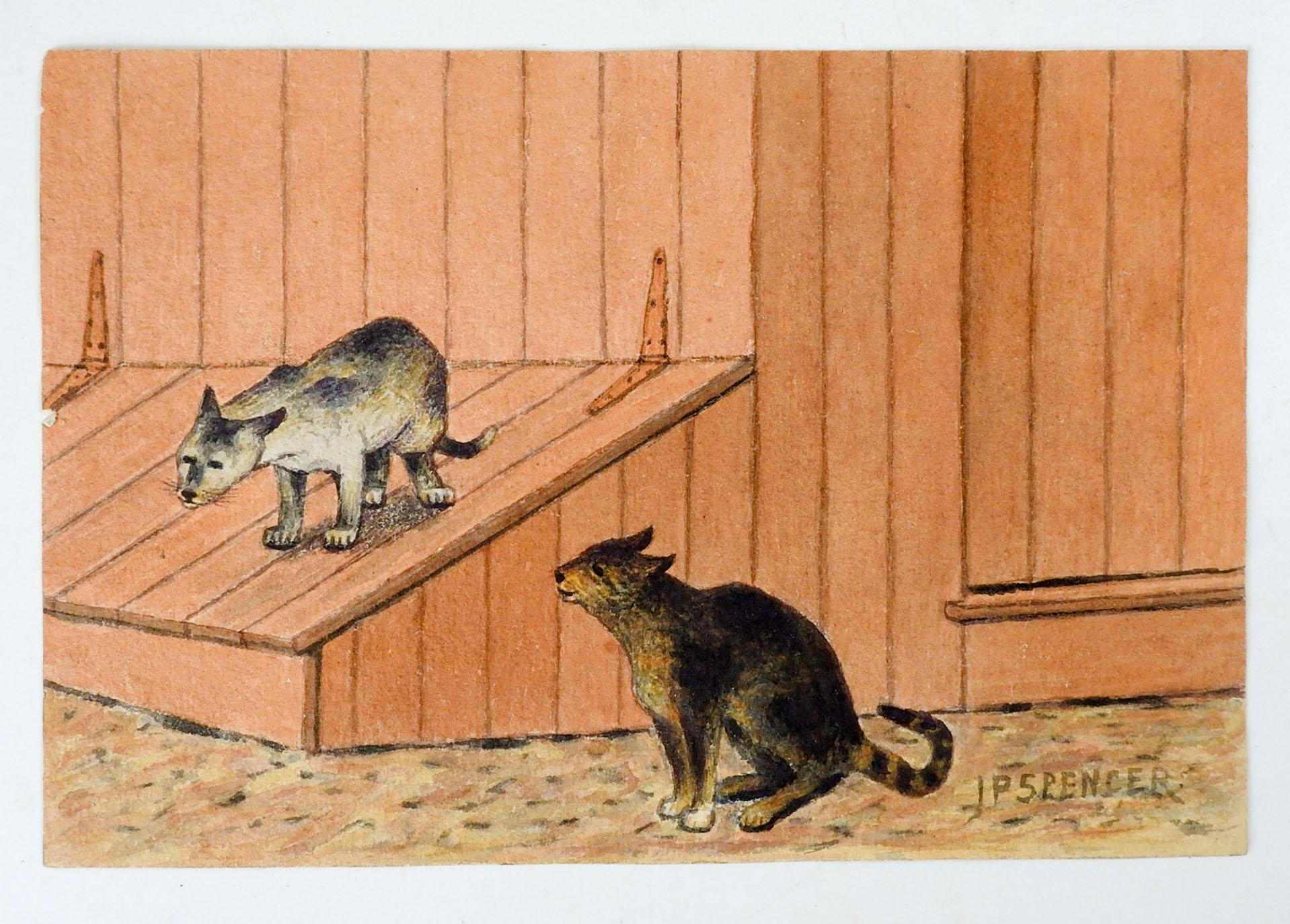 American Small Vintage Barn Cats Rustic Watercolor Painting For Sale