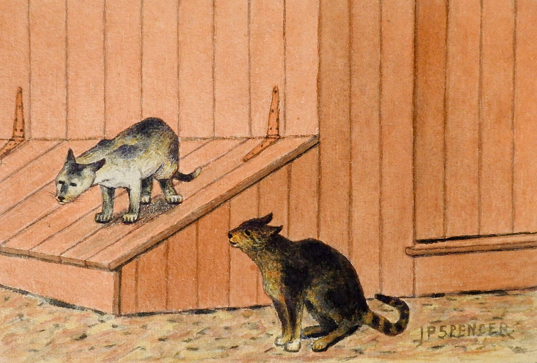 Hand-Painted Small Vintage Barn Cats Rustic Watercolor Painting For Sale