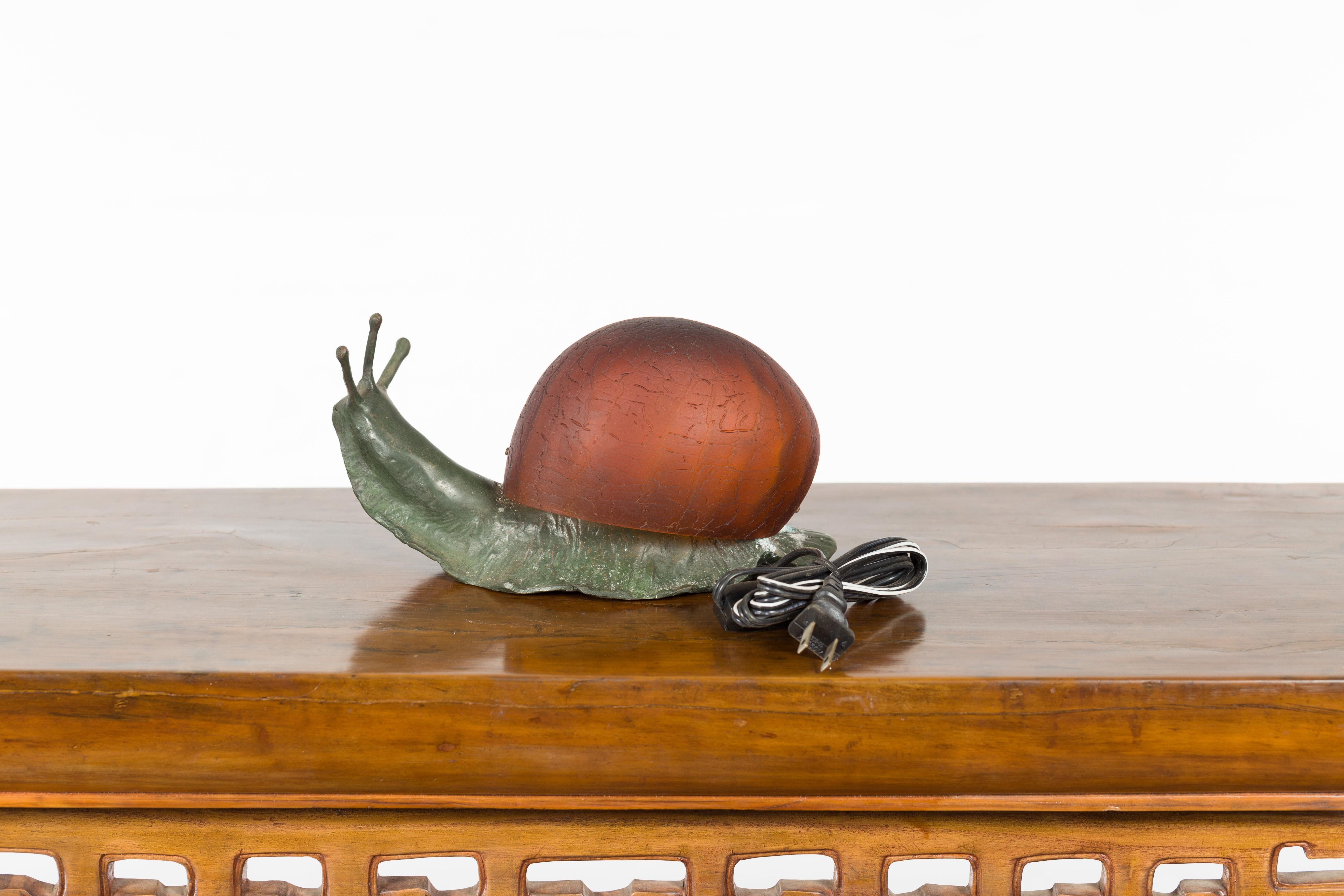 Small Vintage Bronze Snail with Glass Shell Body and Electrified Lamp 3
