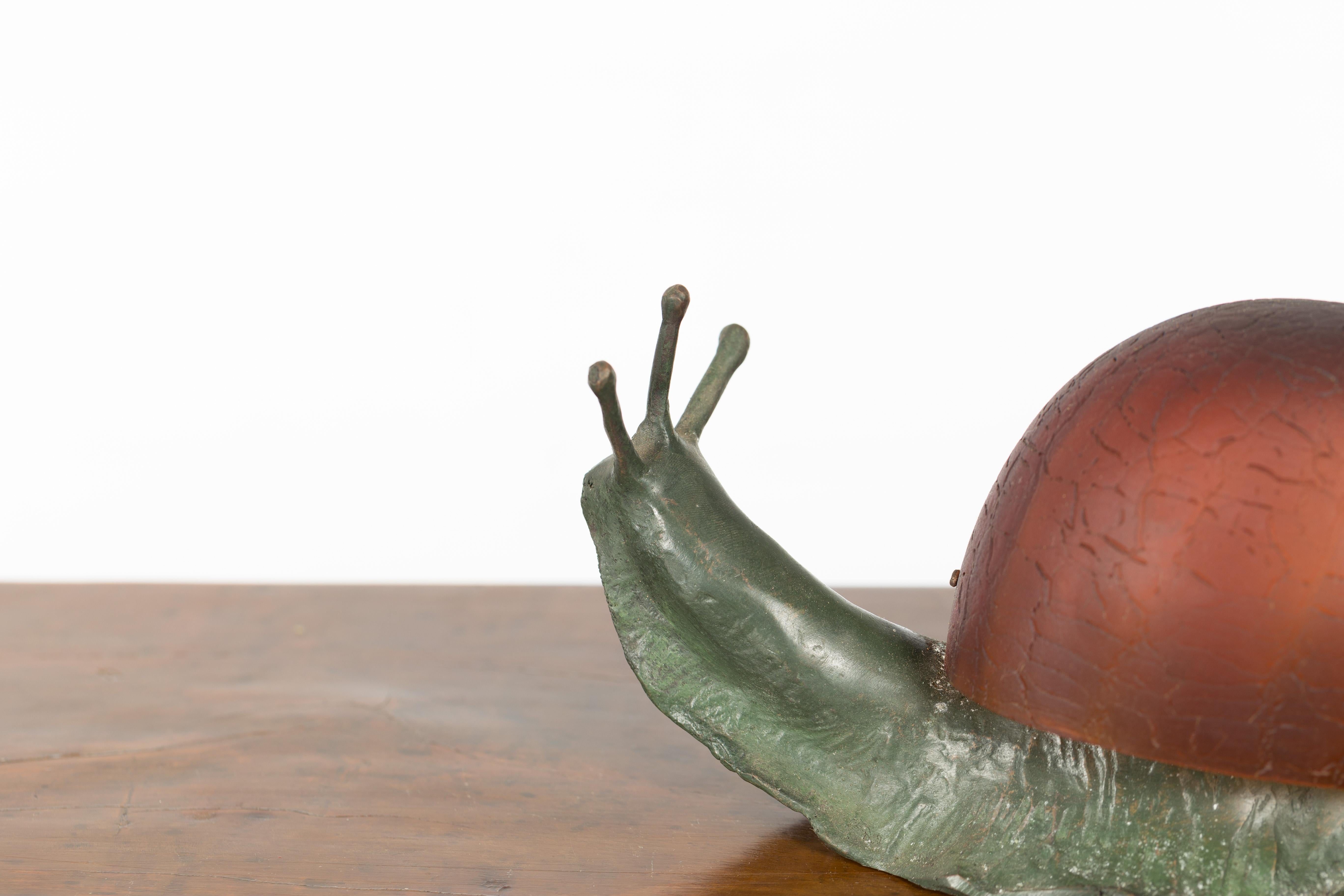 Small Vintage Bronze Snail with Glass Shell Body and Electrified Lamp 4
