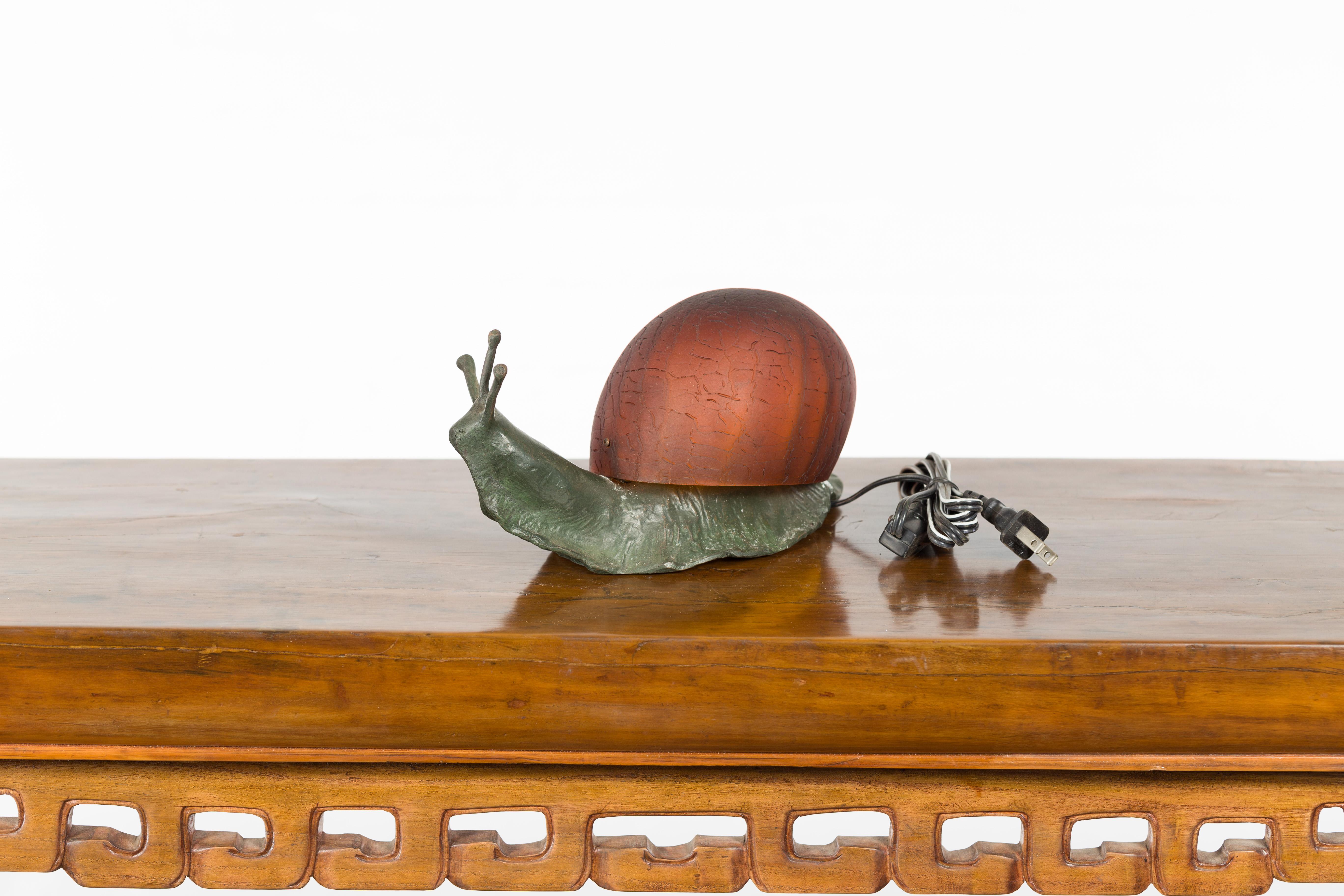 Small Vintage Bronze Snail with Glass Shell Body and Electrified Lamp 5
