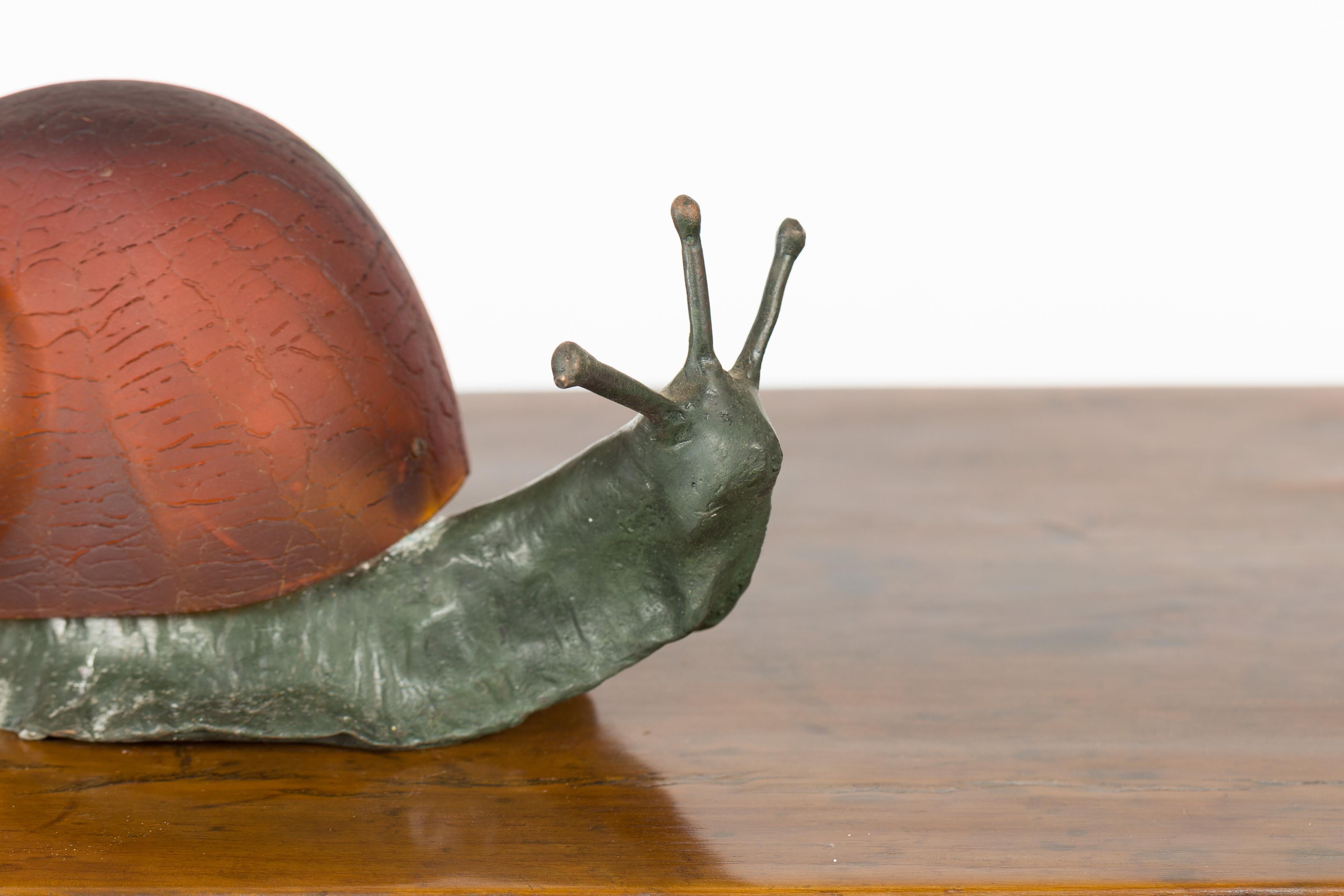 20th Century Small Vintage Bronze Snail with Glass Shell Body and Electrified Lamp