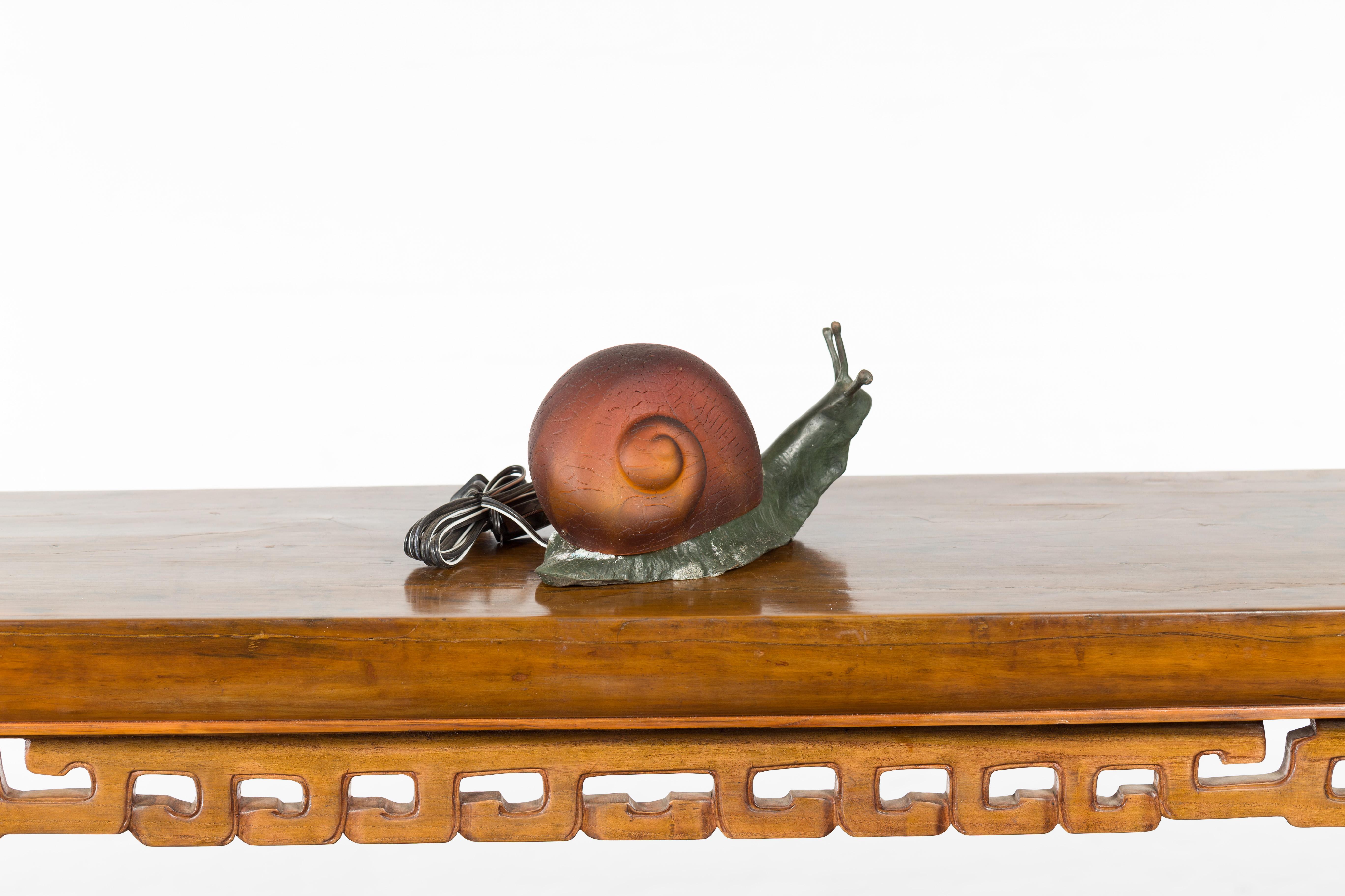 Small Vintage Bronze Snail with Glass Shell Body and Electrified Lamp 1