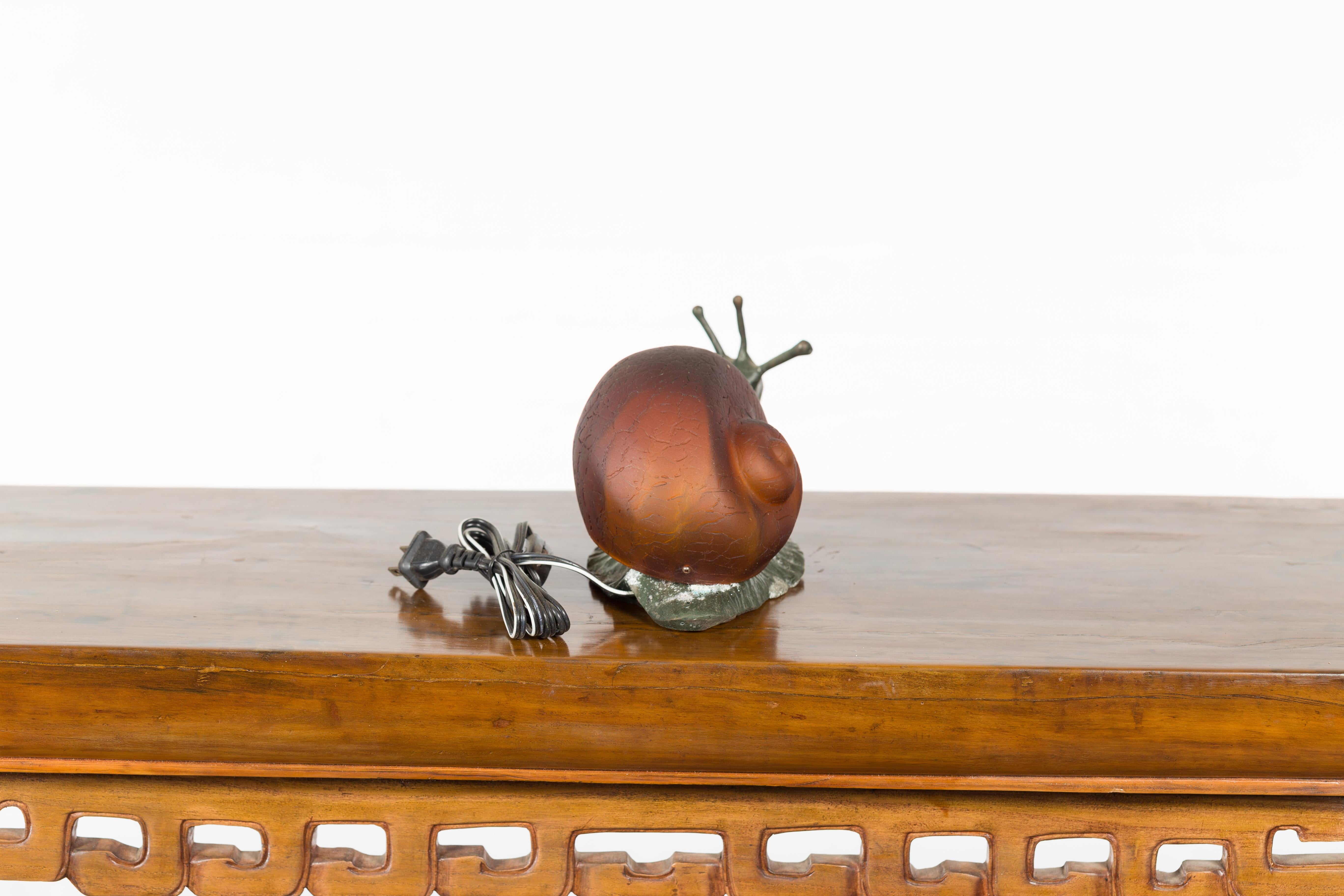 Small Vintage Bronze Snail with Glass Shell Body and Electrified Lamp 2