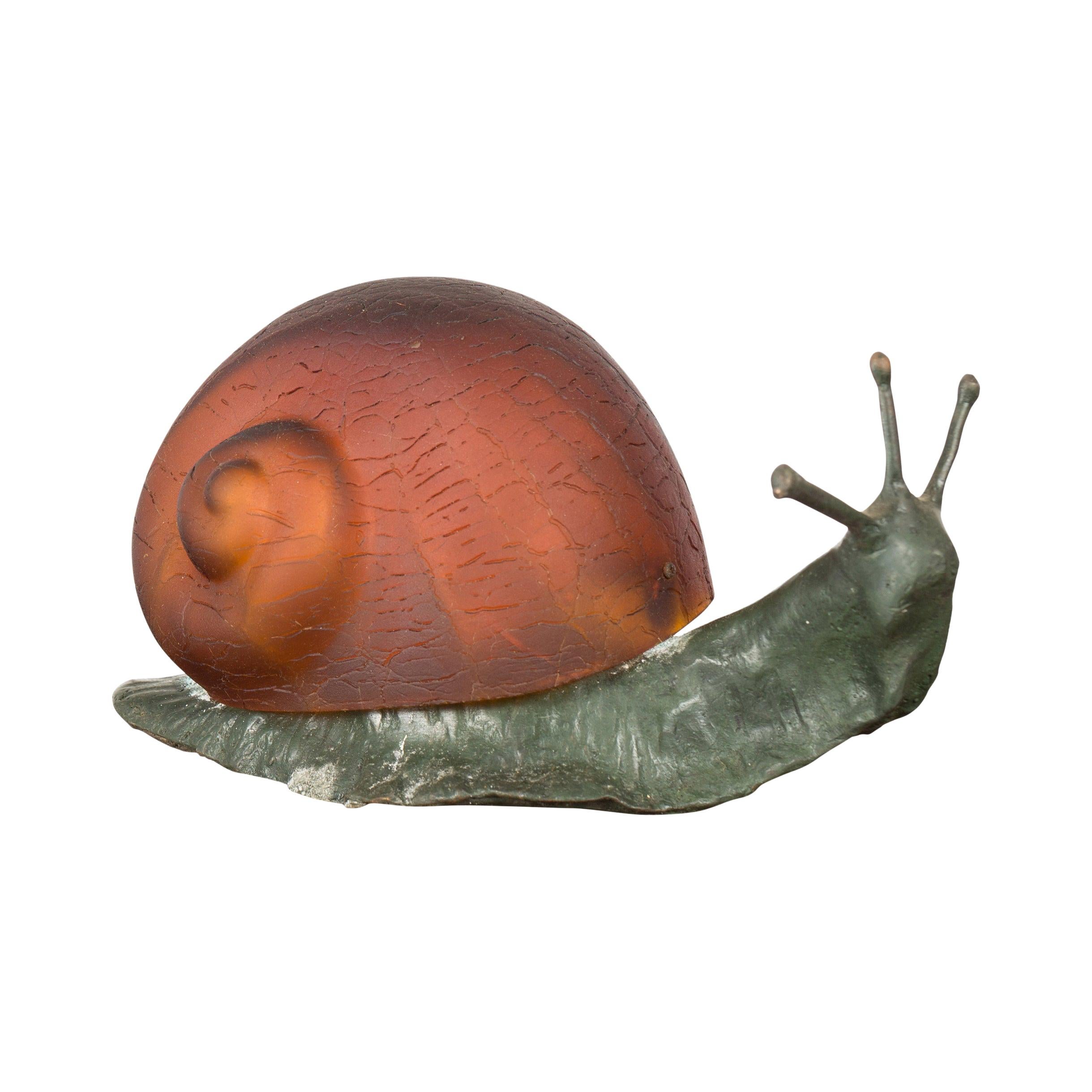 Small Vintage Bronze Snail with Glass Shell Body and Electrified Lamp