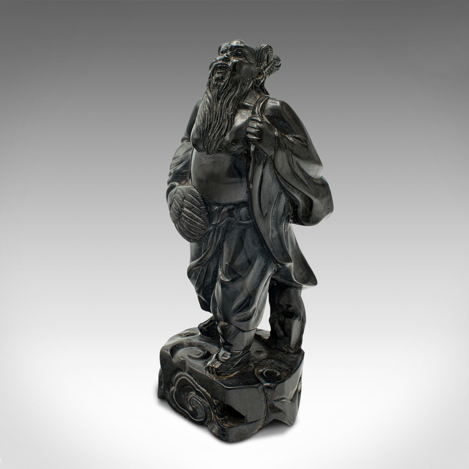 Chinese Export Small Vintage Carved Oriental Figure, Chinese, Hand Carved, Black Onyx, Art Deco For Sale