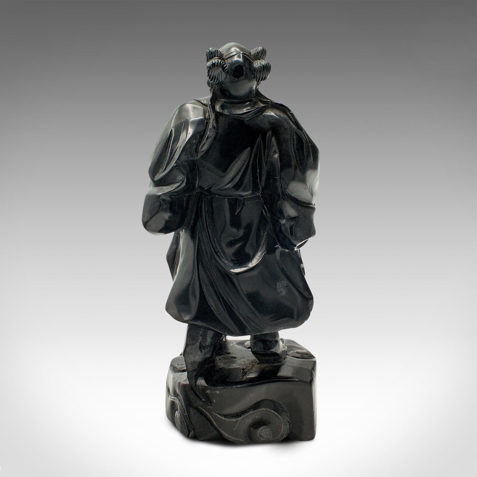 20th Century Small Vintage Carved Oriental Figure, Chinese, Hand Carved, Black Onyx, Art Deco For Sale