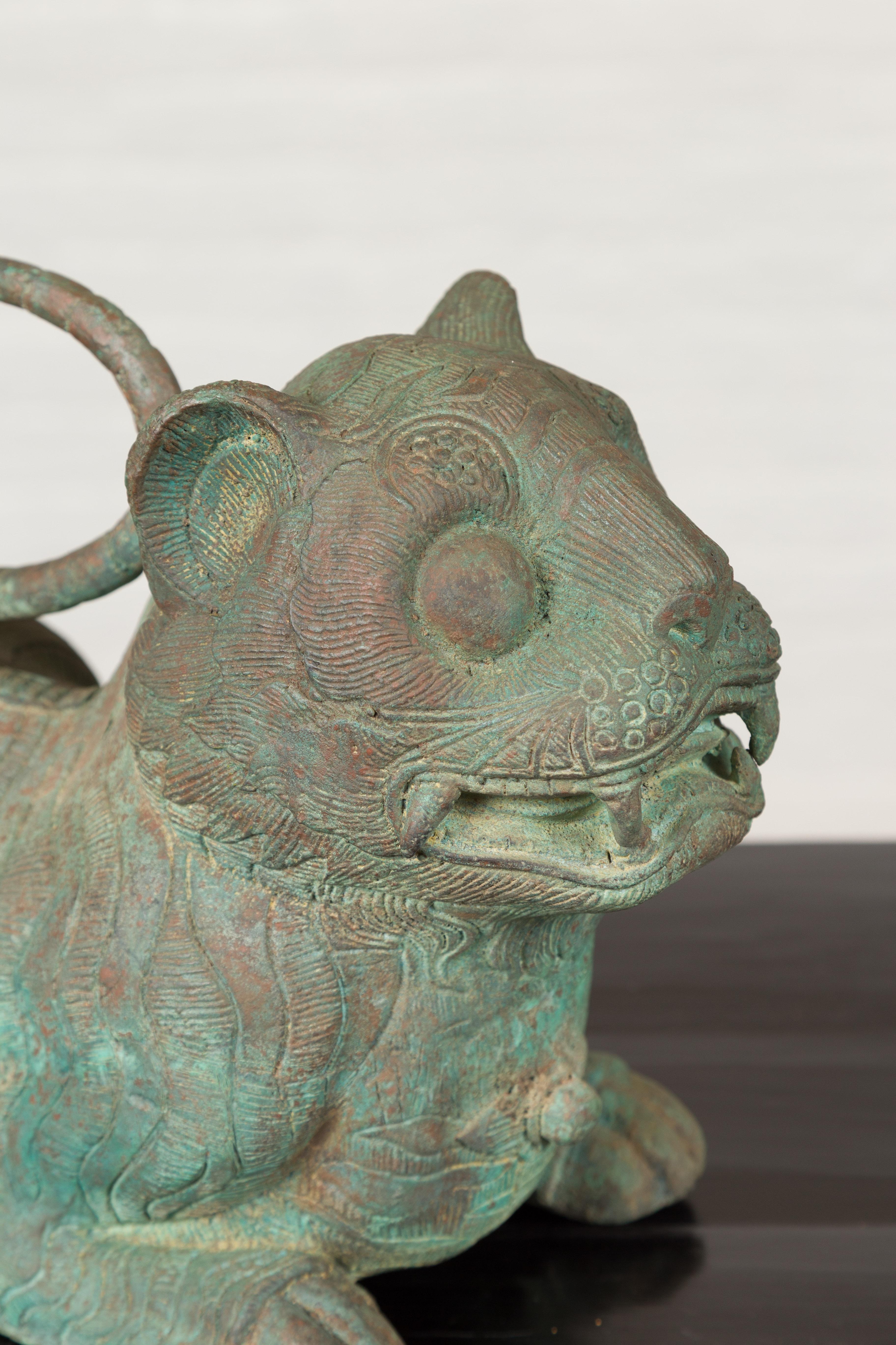 Small Vintage Cast Bronze Mythical Animal Sculpture with Verde Patina In Good Condition In Yonkers, NY