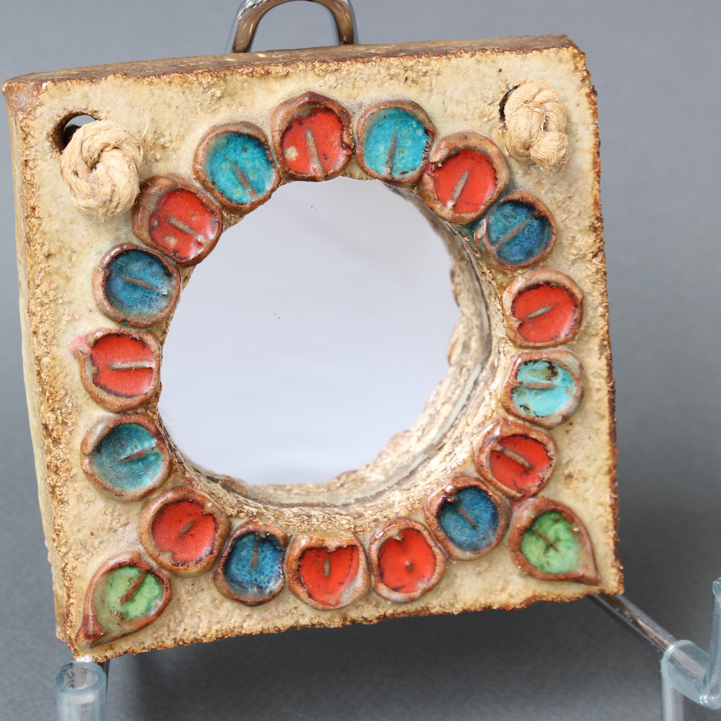 Small Vintage Ceramic Wall Mirror with Flower Motif by La Roue (circa 1960s) For Sale 5