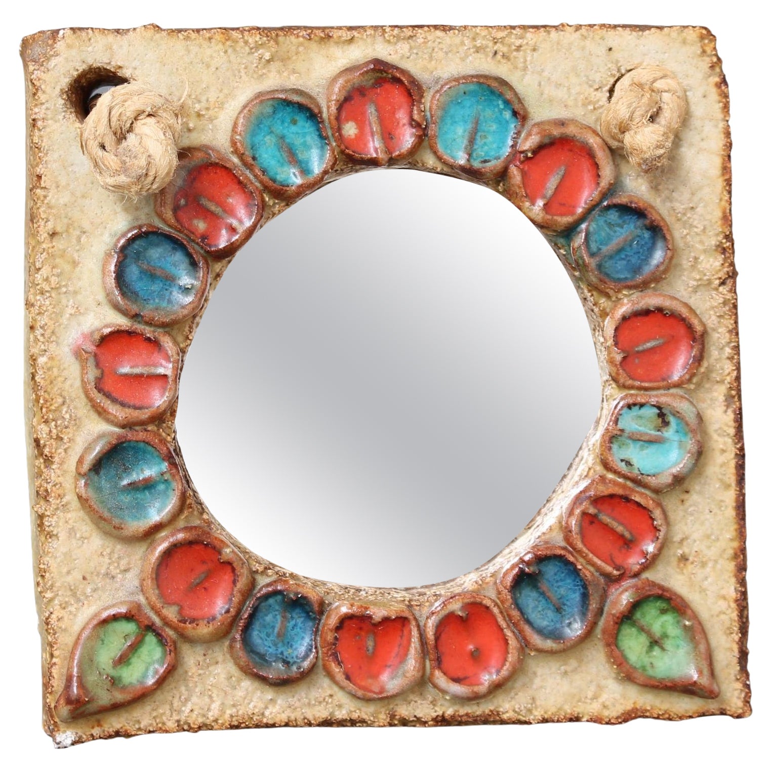 Small Vintage Ceramic Wall Mirror with Flower Motif by La Roue (circa 1960s)