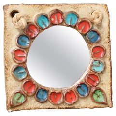 Small Vintage Ceramic Wall Mirror with Flower Motif by La Roue (circa 1960s)