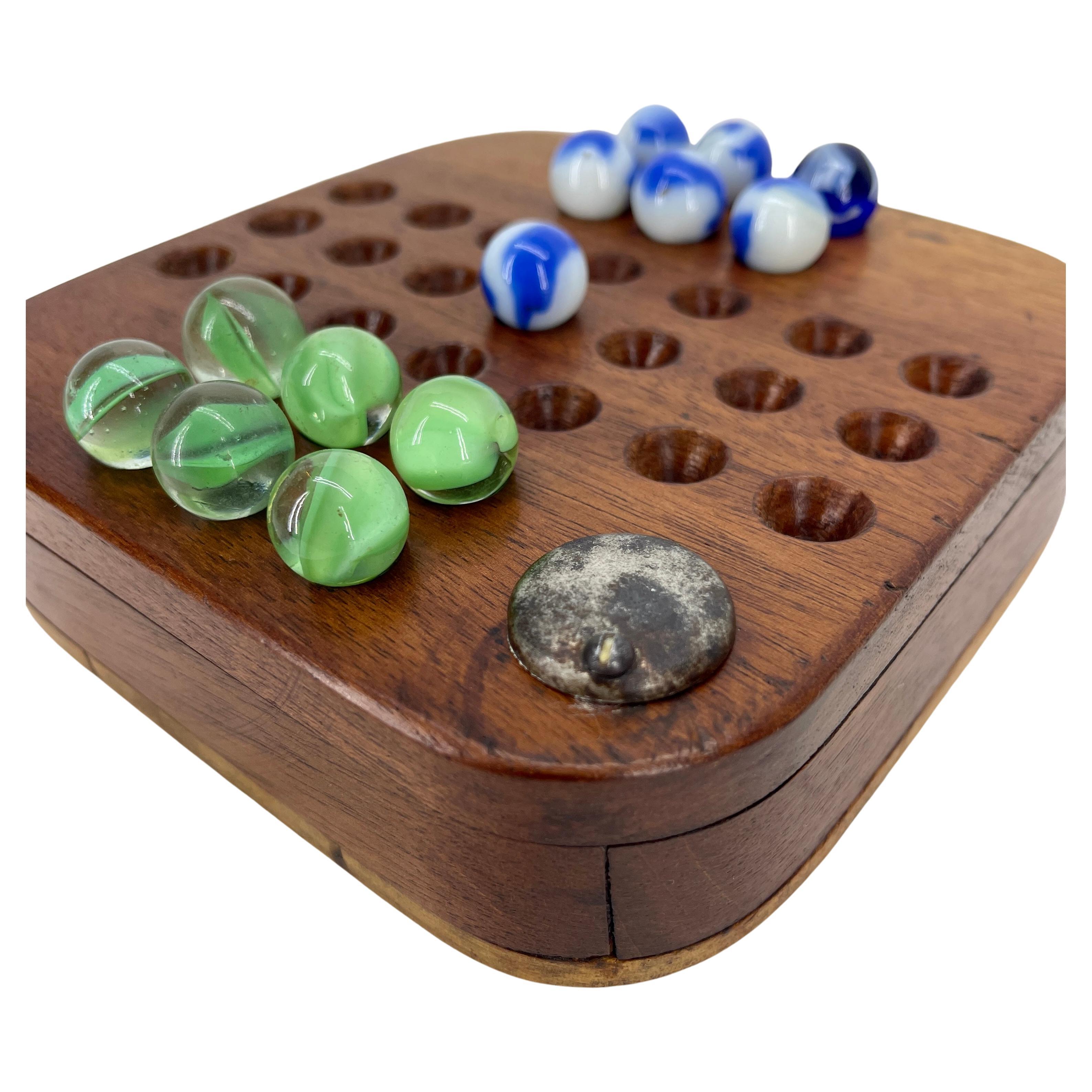Hand-Crafted Small Vintage Chinese Checkers Board Game with 31 Glass Balls For Sale