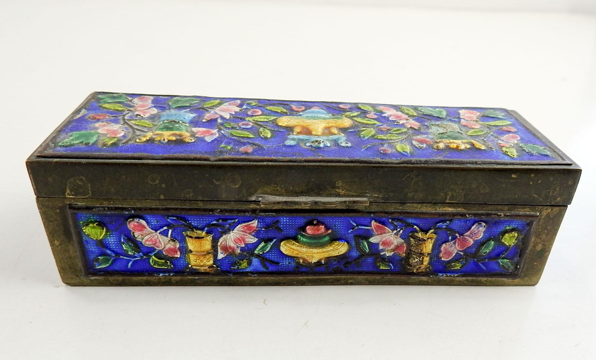 Brass Small Vintage Chinese Enamel Box For Sale