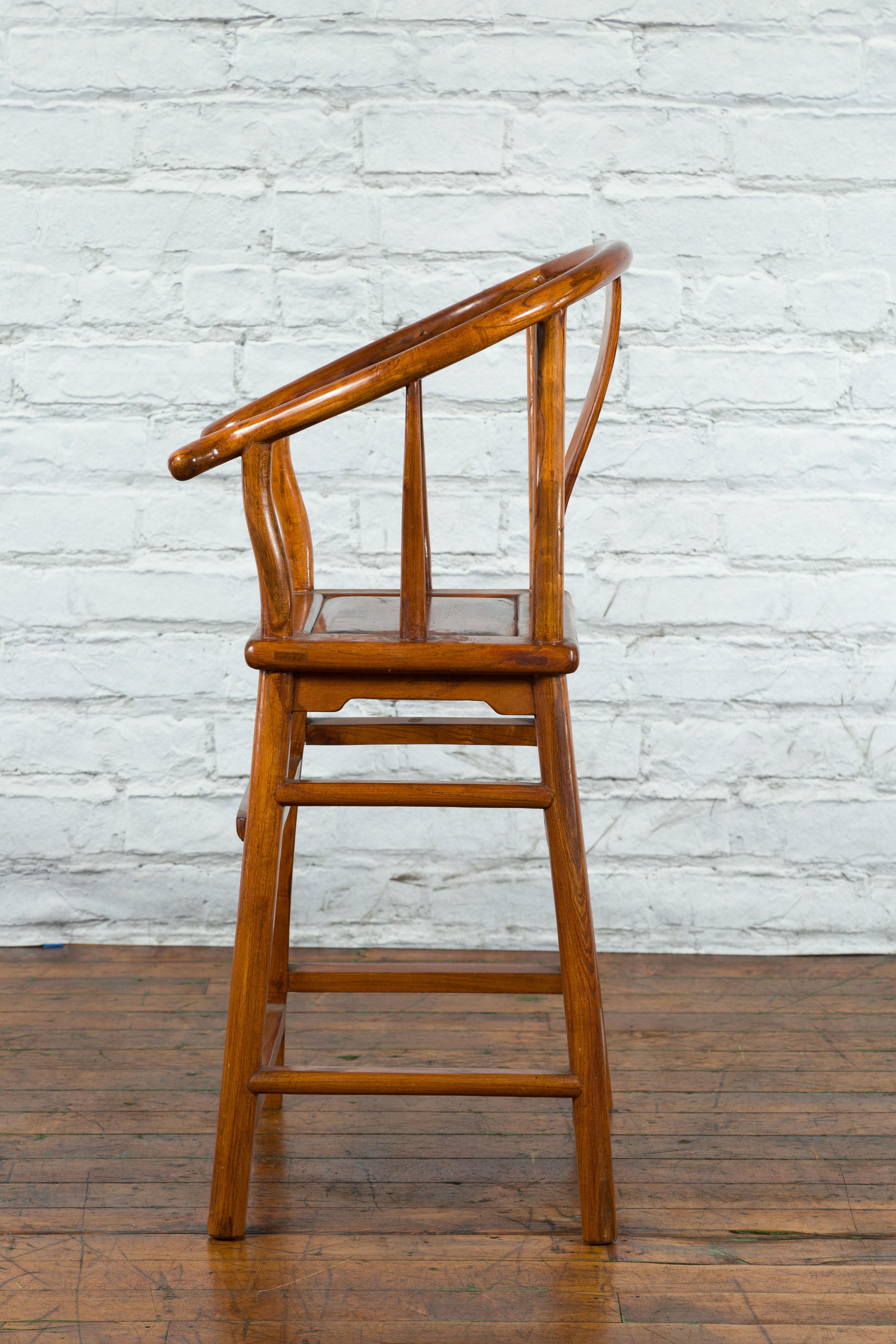Small Vintage Chinese Horseshoe Back Chair with Wooden Seat and Side Stretchers For Sale 5